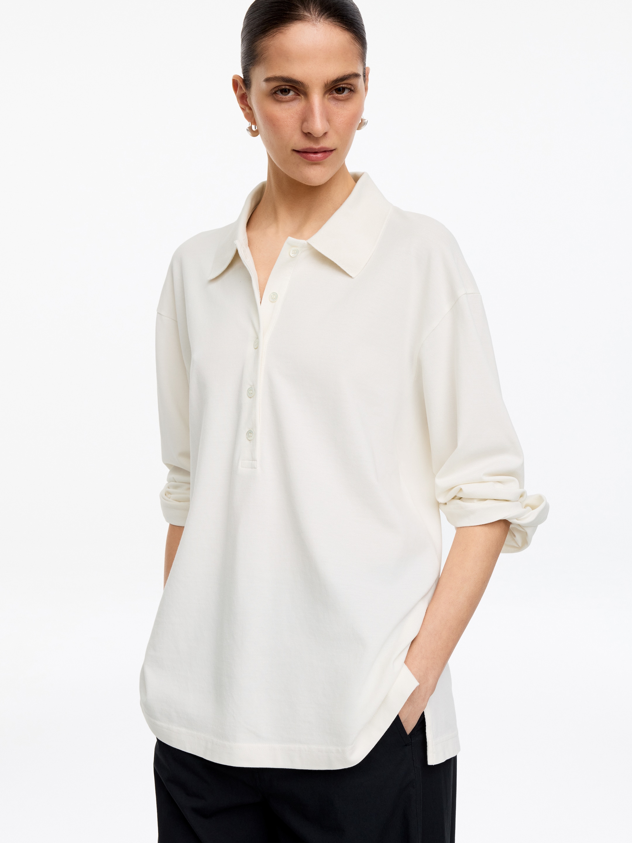 Pique Polo Shirt - Off White - Regular fit - Women - StillMedia/Lookbook - 5