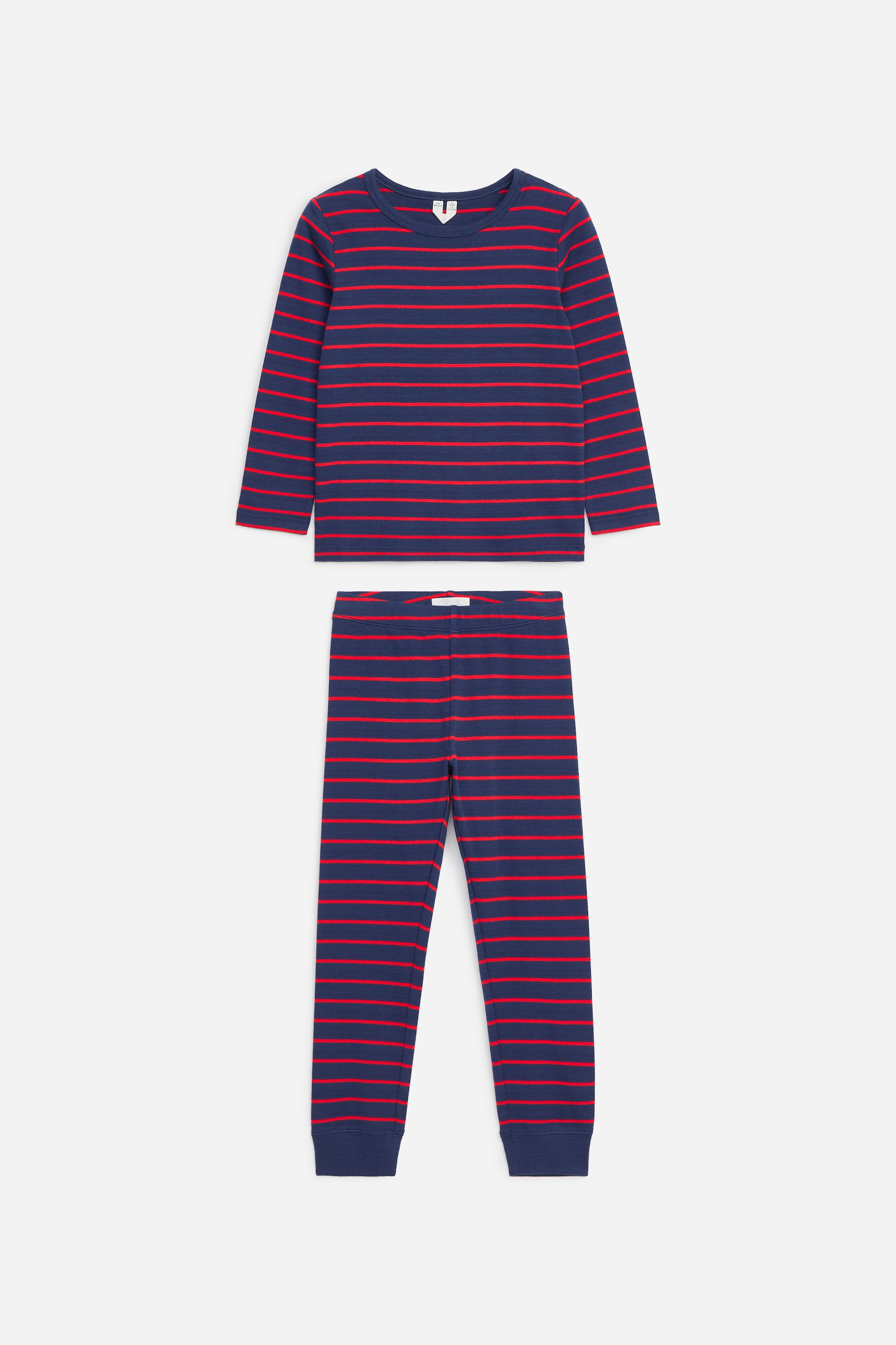 View larger image: A two-piece pyjama set is shown from the front, featuring a navy blue and red horizontal striped pattern. The set includes a long-sleeved crew-neck top and matching trousers with solid navy ribbed ankle cuffs.