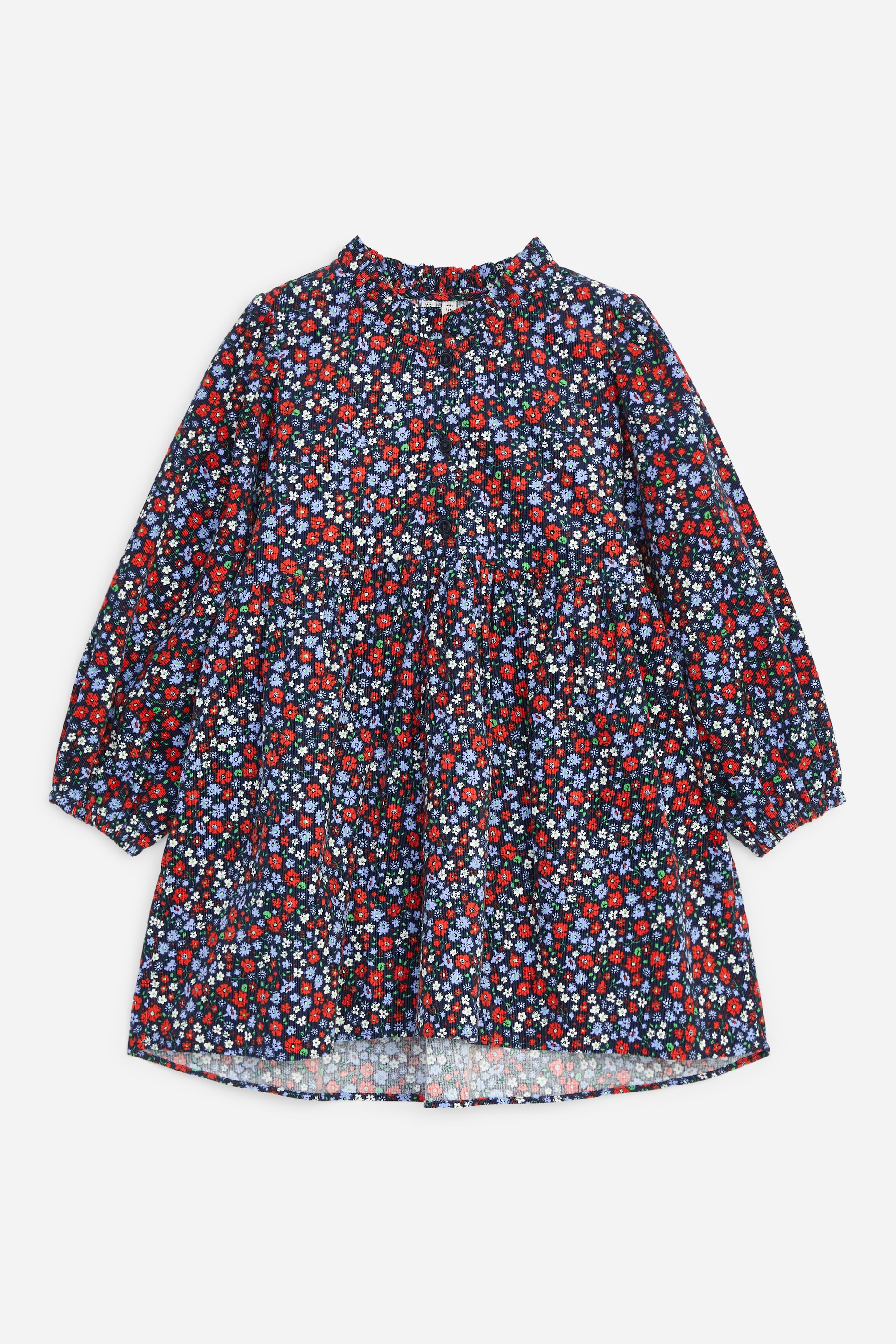 Größeres Bild anzeigen: Ein langärmliges Kinderkleid in dunkelblauem, kleinem Blumenmuster ist von vorne zu sehen und verfügt über einen gerüschten Kragen sowie eine teilweise Knopfleiste. Das Kleid zeigt eine geraffte hohe Taille, die in einen ausgestellten Rock übergeht, sowie lange Ärmel mit elastischen Bündchen.