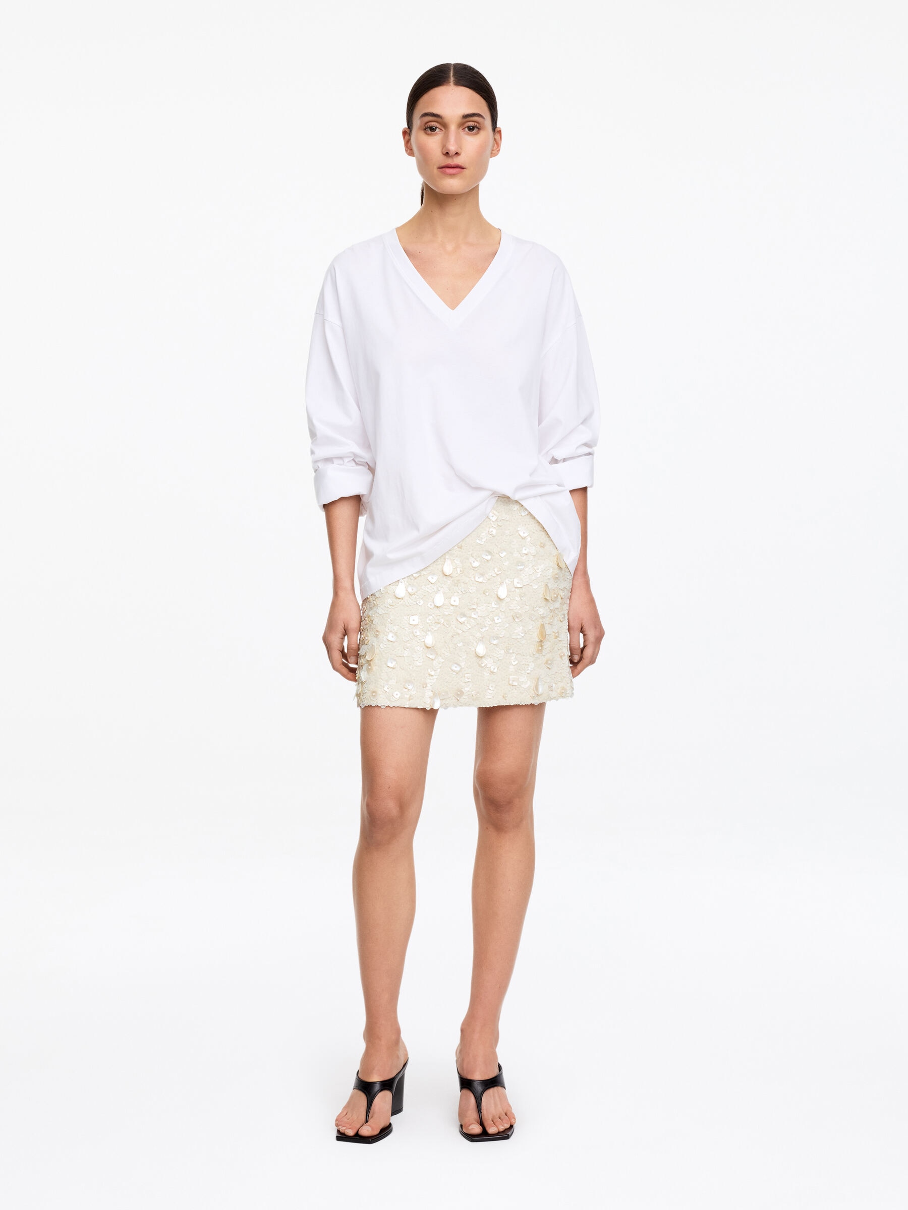 Embellished Mini Skirt-#E1DCC6-18861