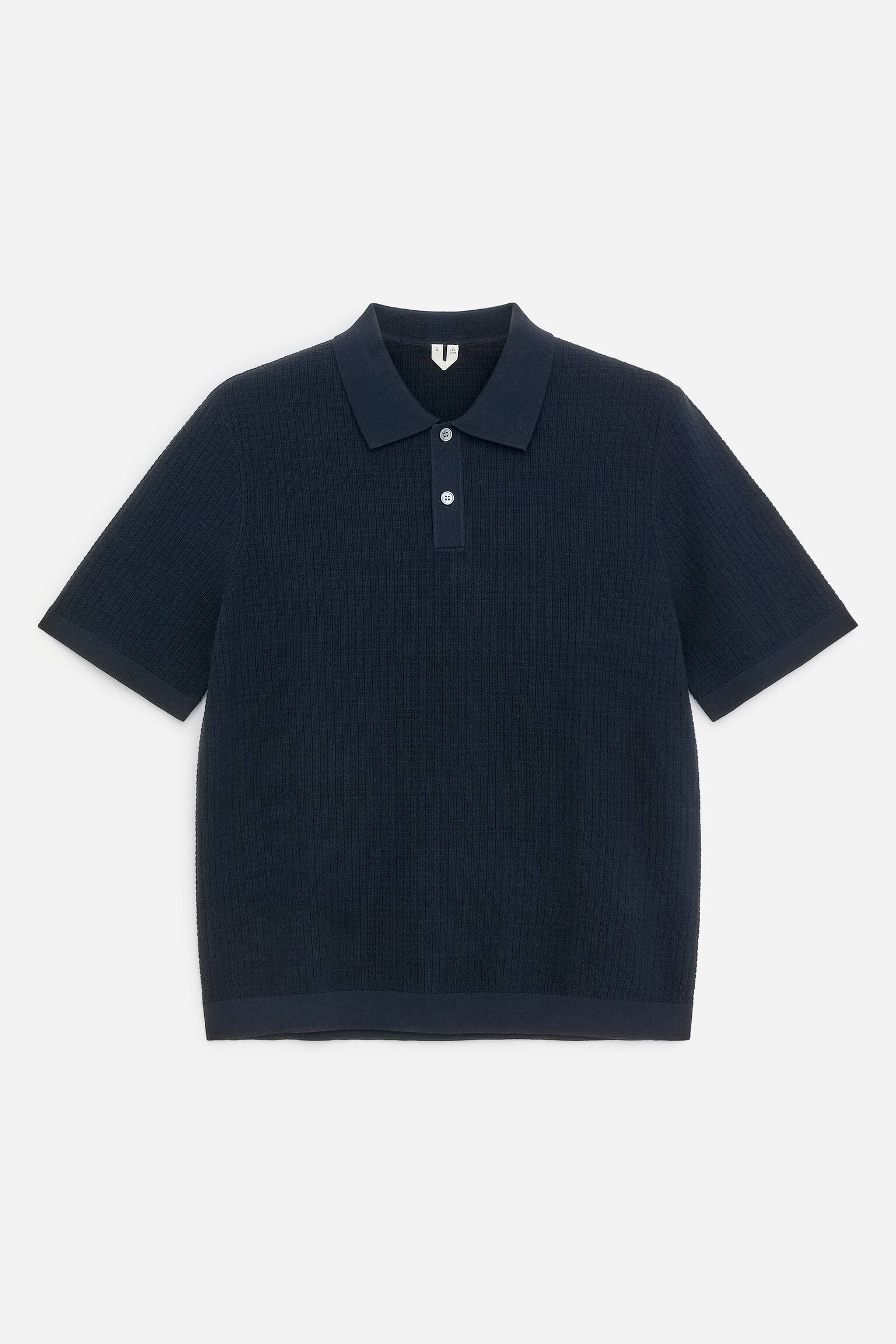 Strikket poloshirt i bomuld-Mørkeblå - 2