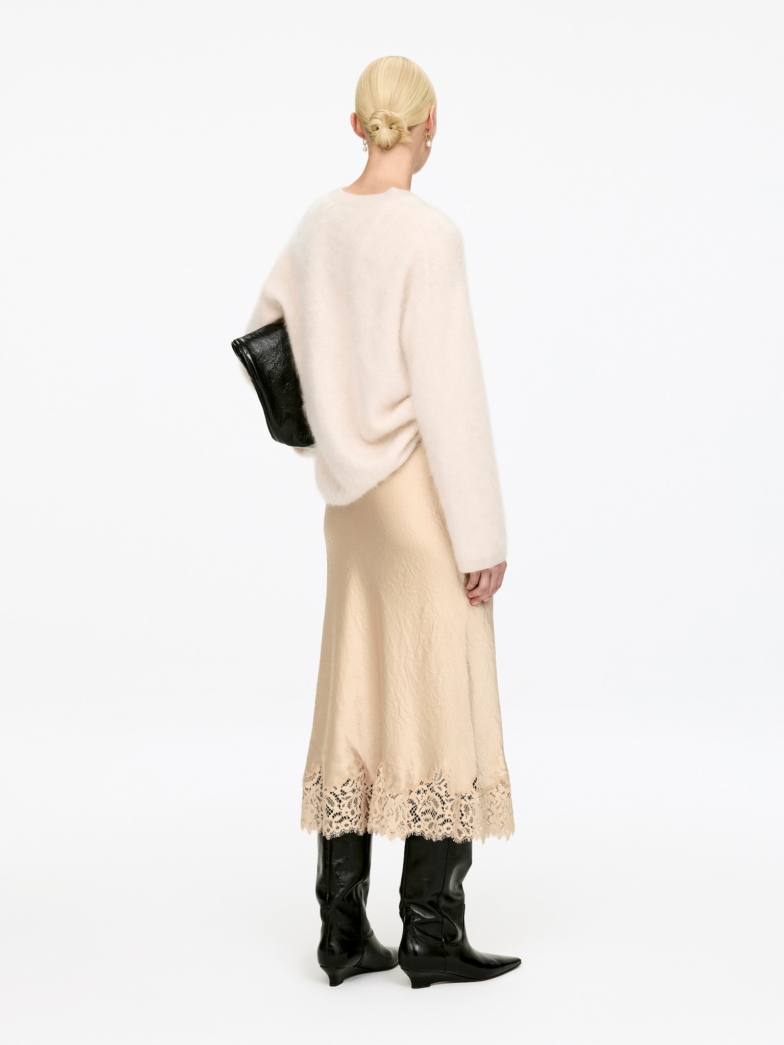 Satin-nederdel med blonder - Beige/Mørkebrun - 6