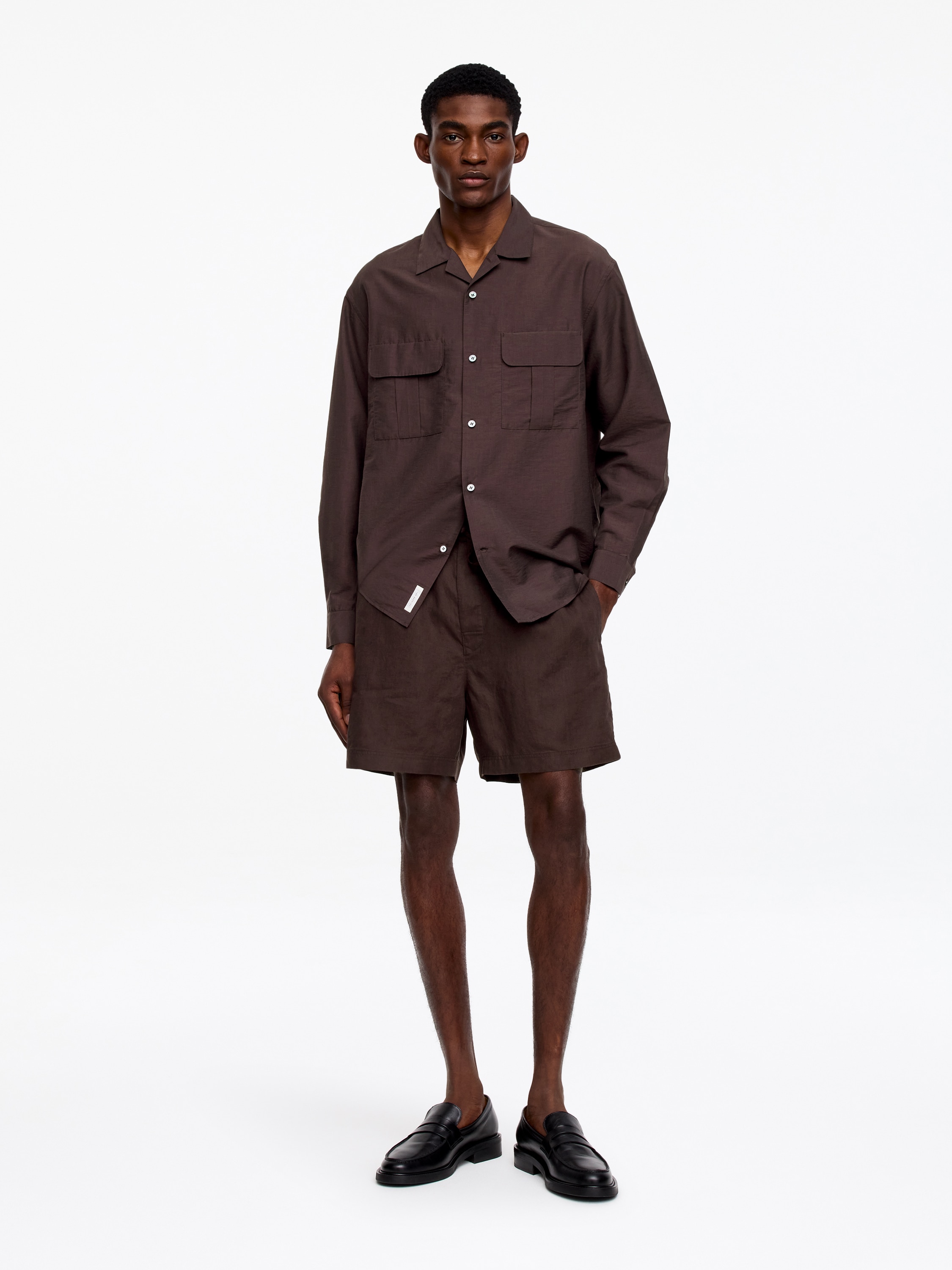 Hørshorts - Brun/Beige/Mørkeblå