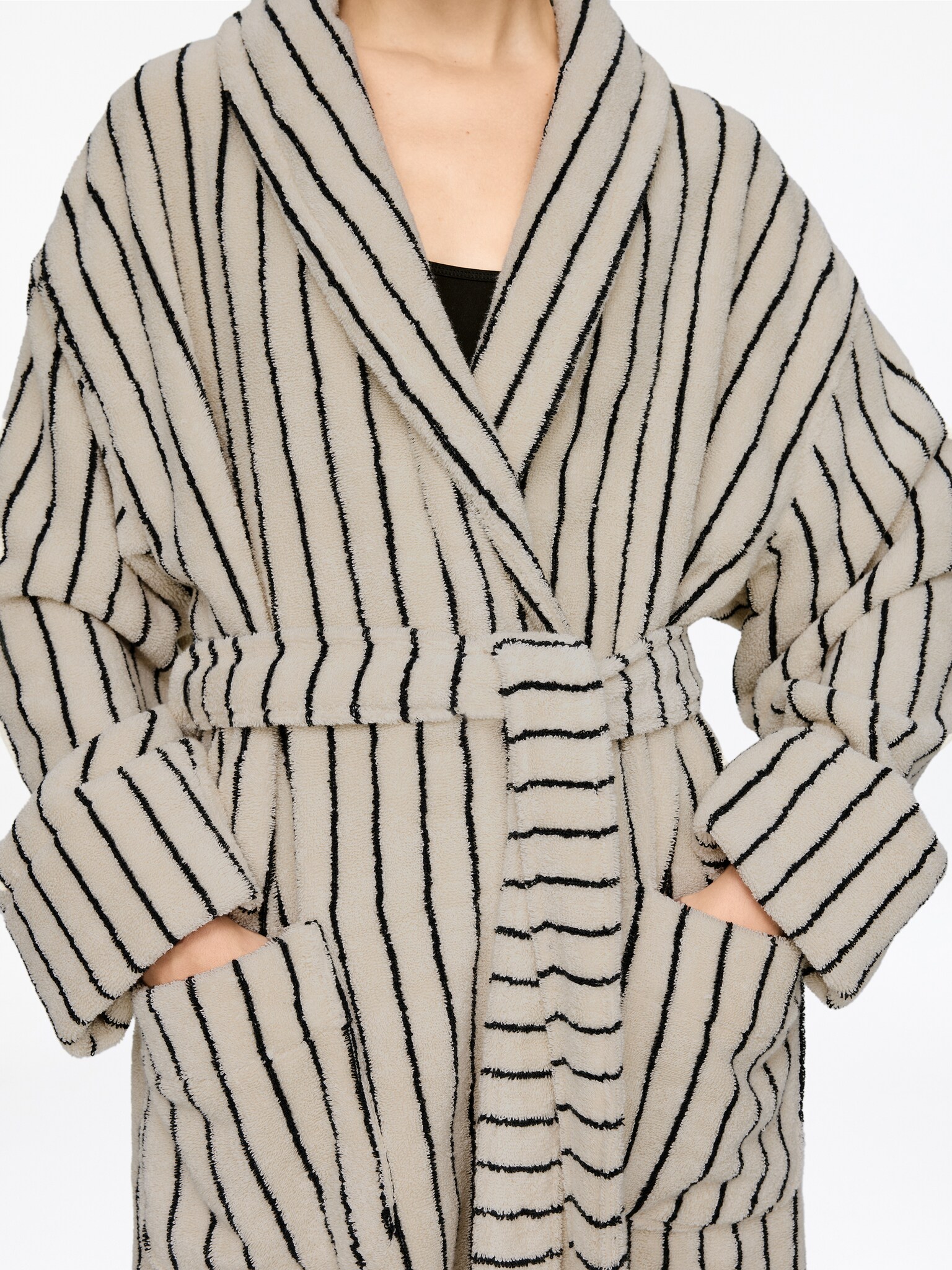 Roupão de banho em terry de algodão - Branco sujo/preto - 1