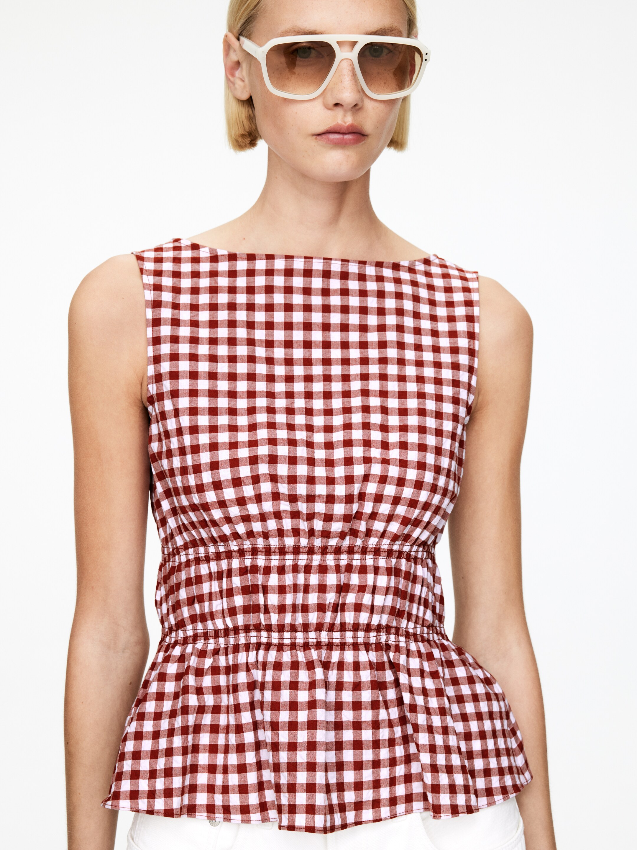 Ver imagem maior: Top com folhos em anarruga - Ferrugem/Branco - SENHORA | H&M PT 4