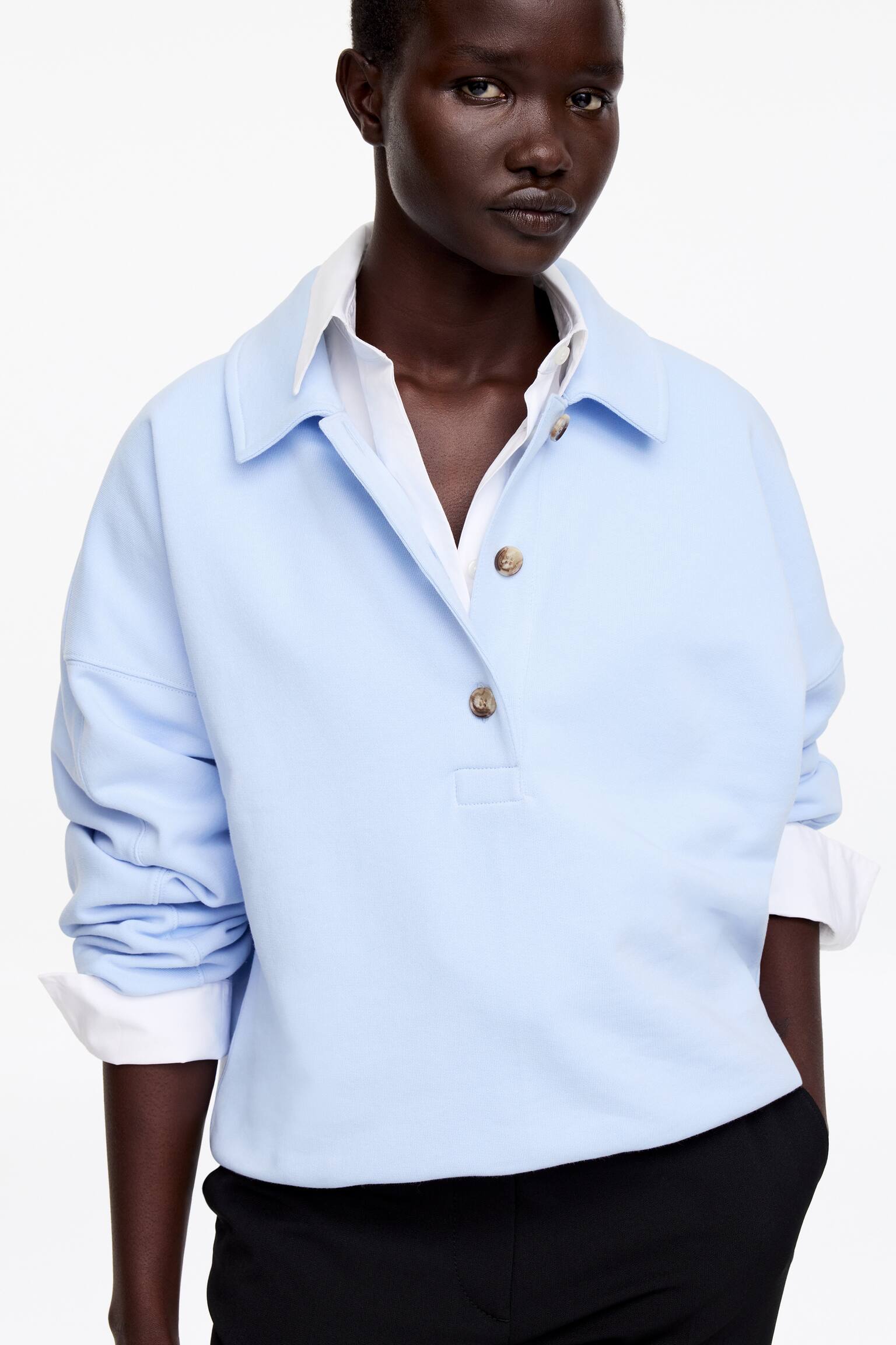 Sweatshirt polo em tecido terry francês - Azul claro/Castanho escuro/Branco sujo - 3