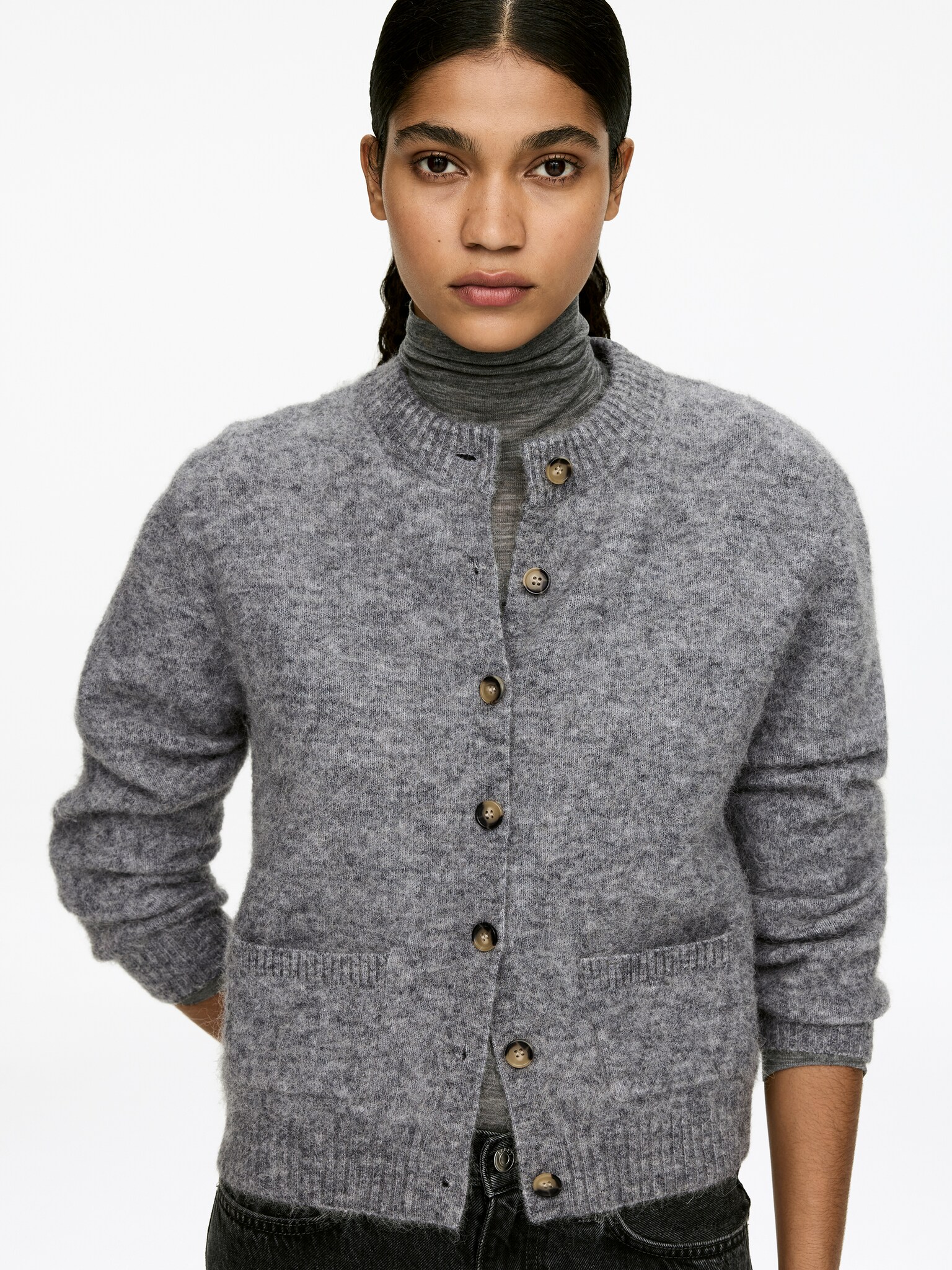 Cardigan en mélange de laine et d'alpaga - Gris chiné/Marron foncé - 6