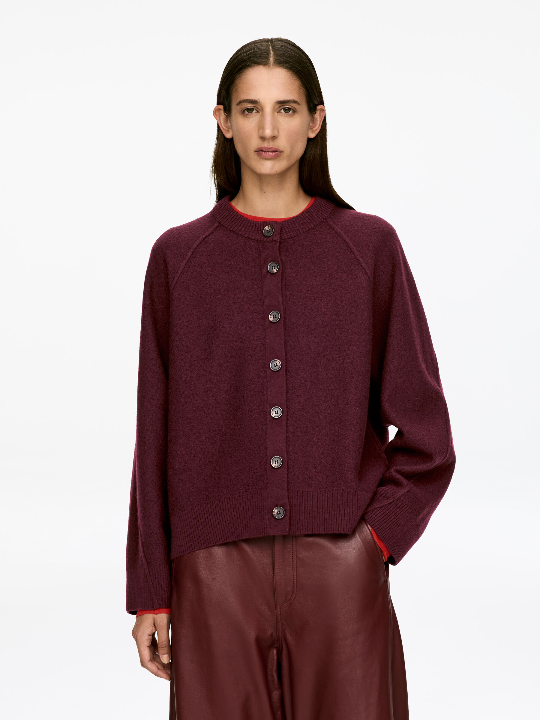 Boiled Wool Cardigan-#4B262D-16669