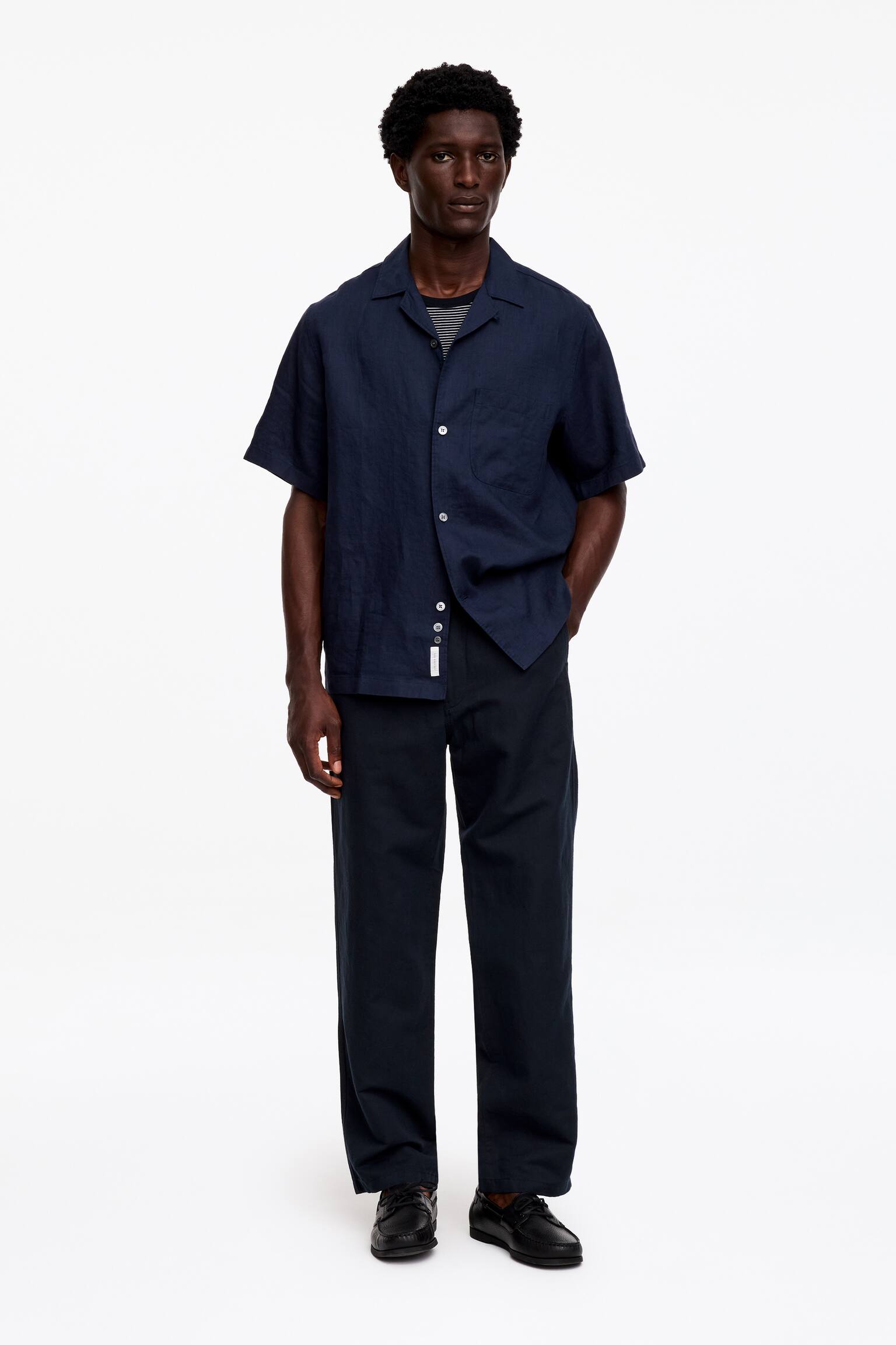 Linen Blend Trousers - Dark Blue/Brown - 1