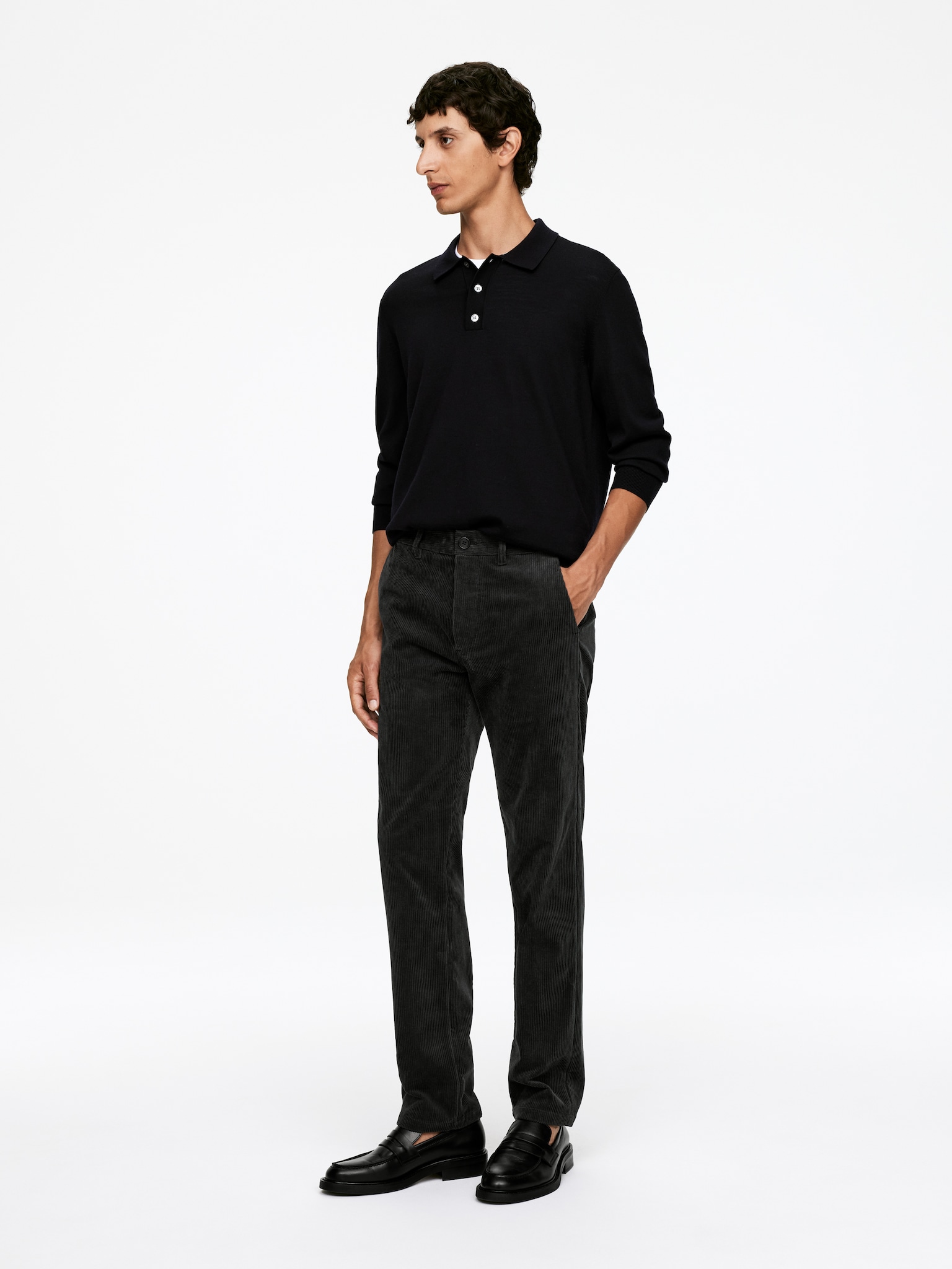 Pantalon chino droit en velours côtelé - Noir/Beige foncé/Bleu foncé/Noir - 4