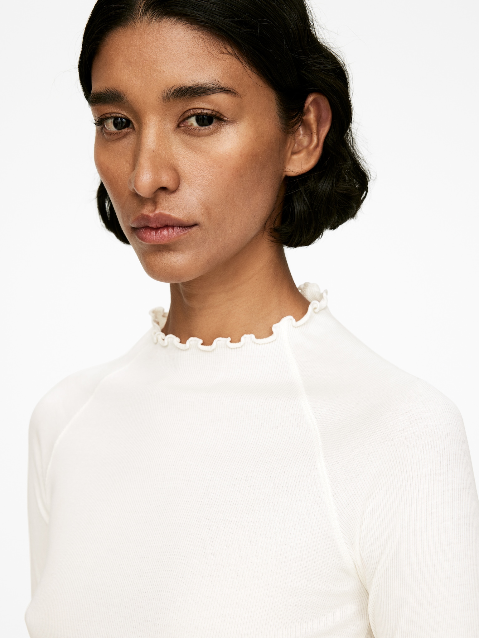 T-shirt à manches longues avec bordures roulottées - Blanc cassé/Noir - 4