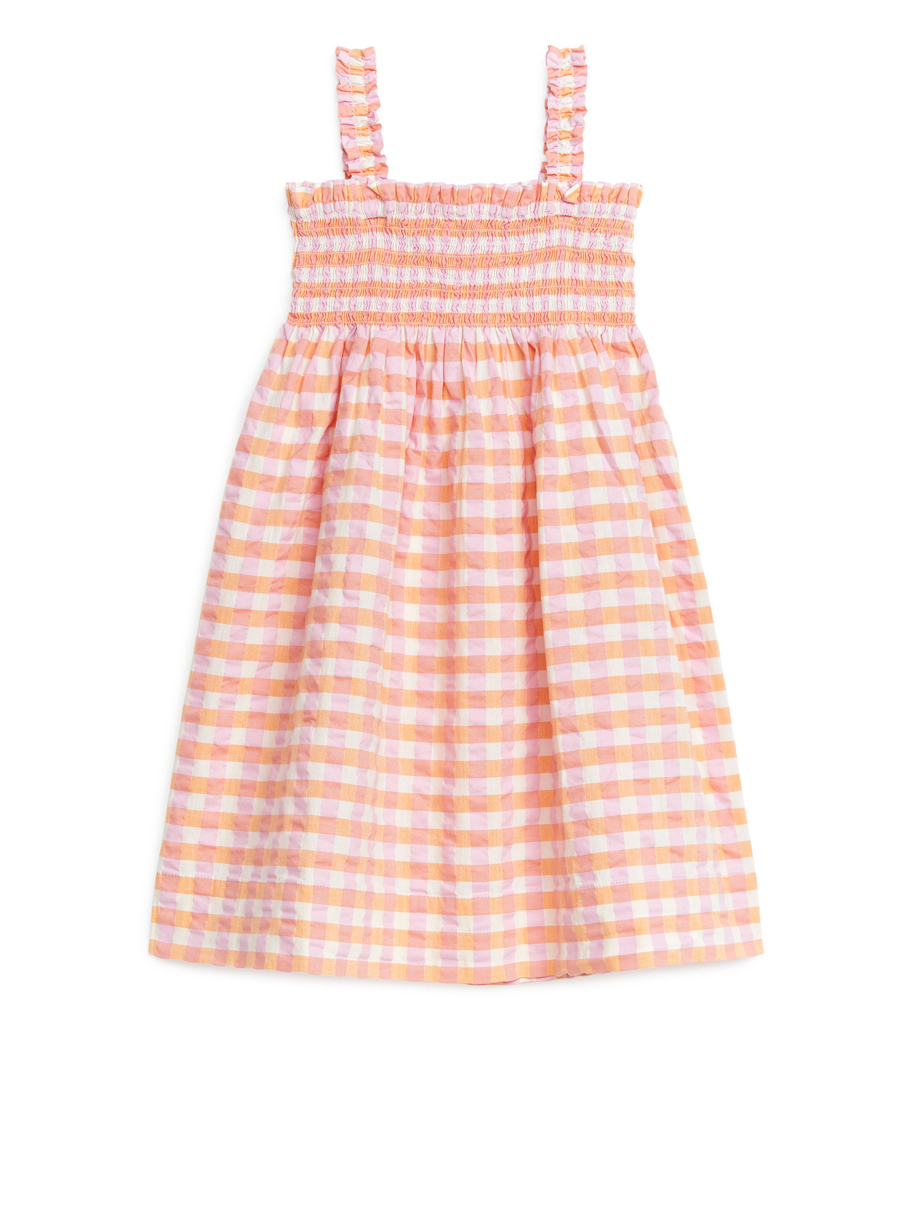Abito in seersucker con lavorazione a punto smock - Arancione/Motivo a quadri - Regular fit - Children - StillMedia/DescriptiveStillLife - 3