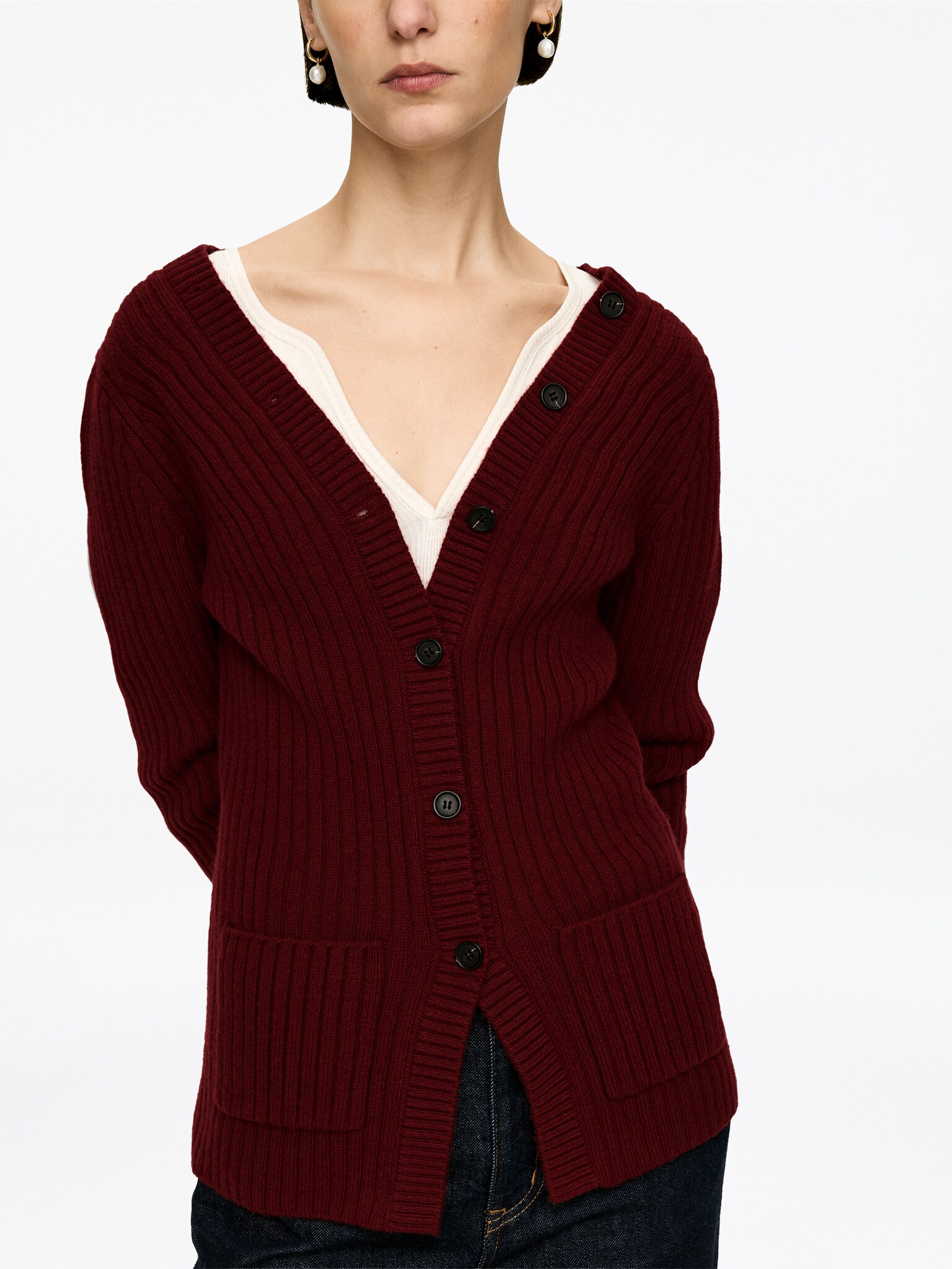 Cardigan en maille côtelée - Bordeaux/Bleu foncé - 3