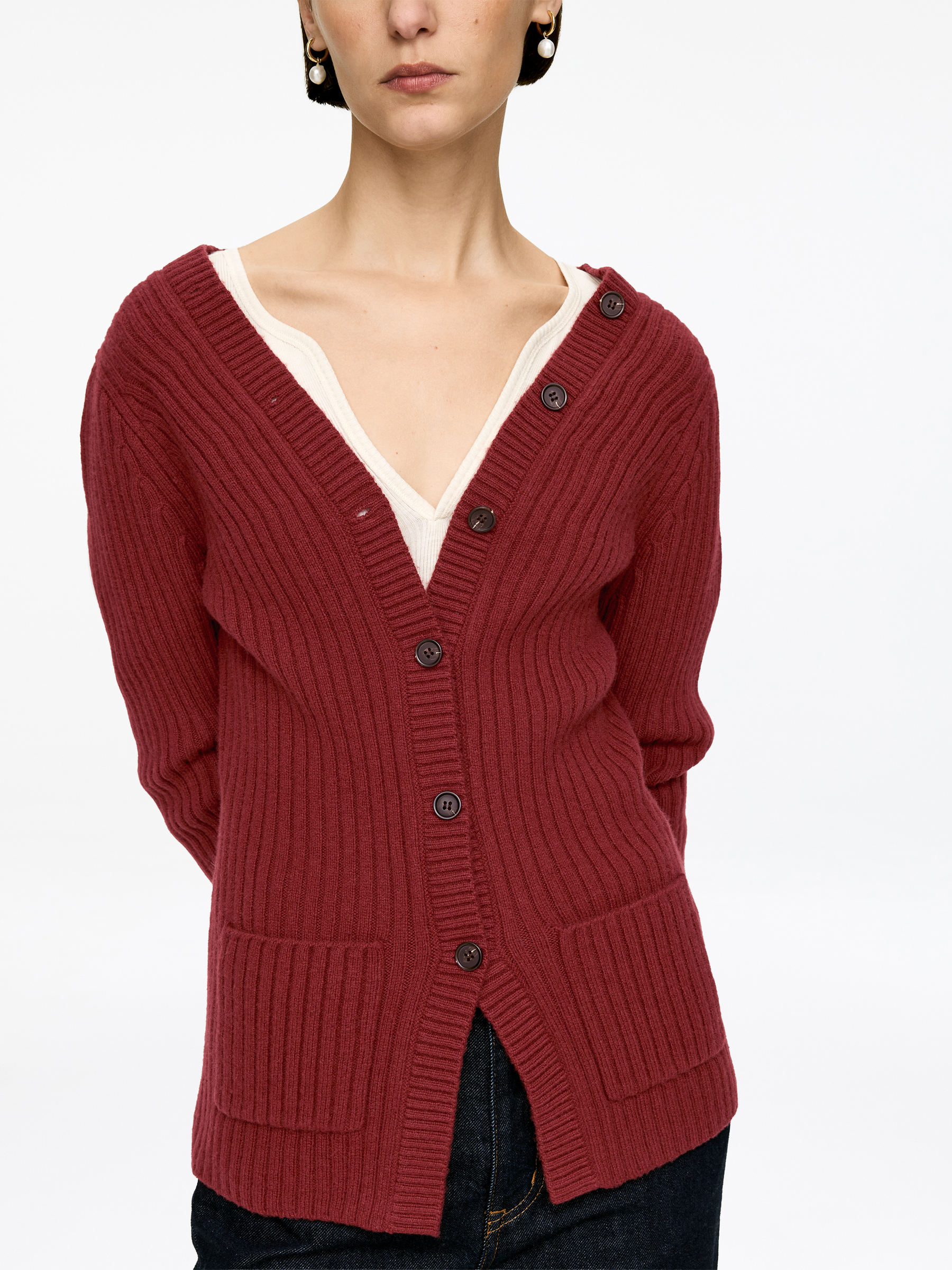 Rib-Knit Cardigan - Burgundy - Regular fit - Women - StillMedia/Lookbook - 3