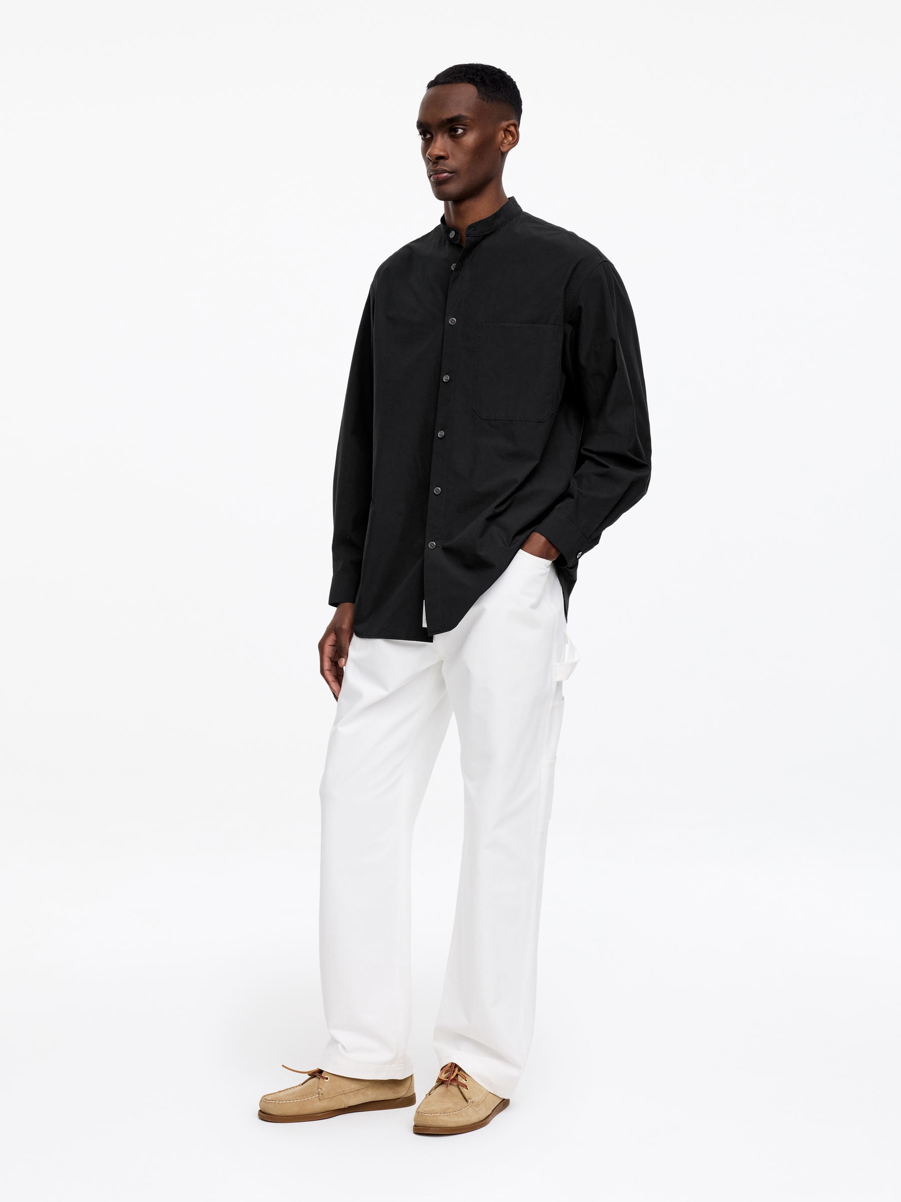 Band-Collar Poplin Shirt - Black - Relaxed fit - Men - StillMedia/Lookbook - 3