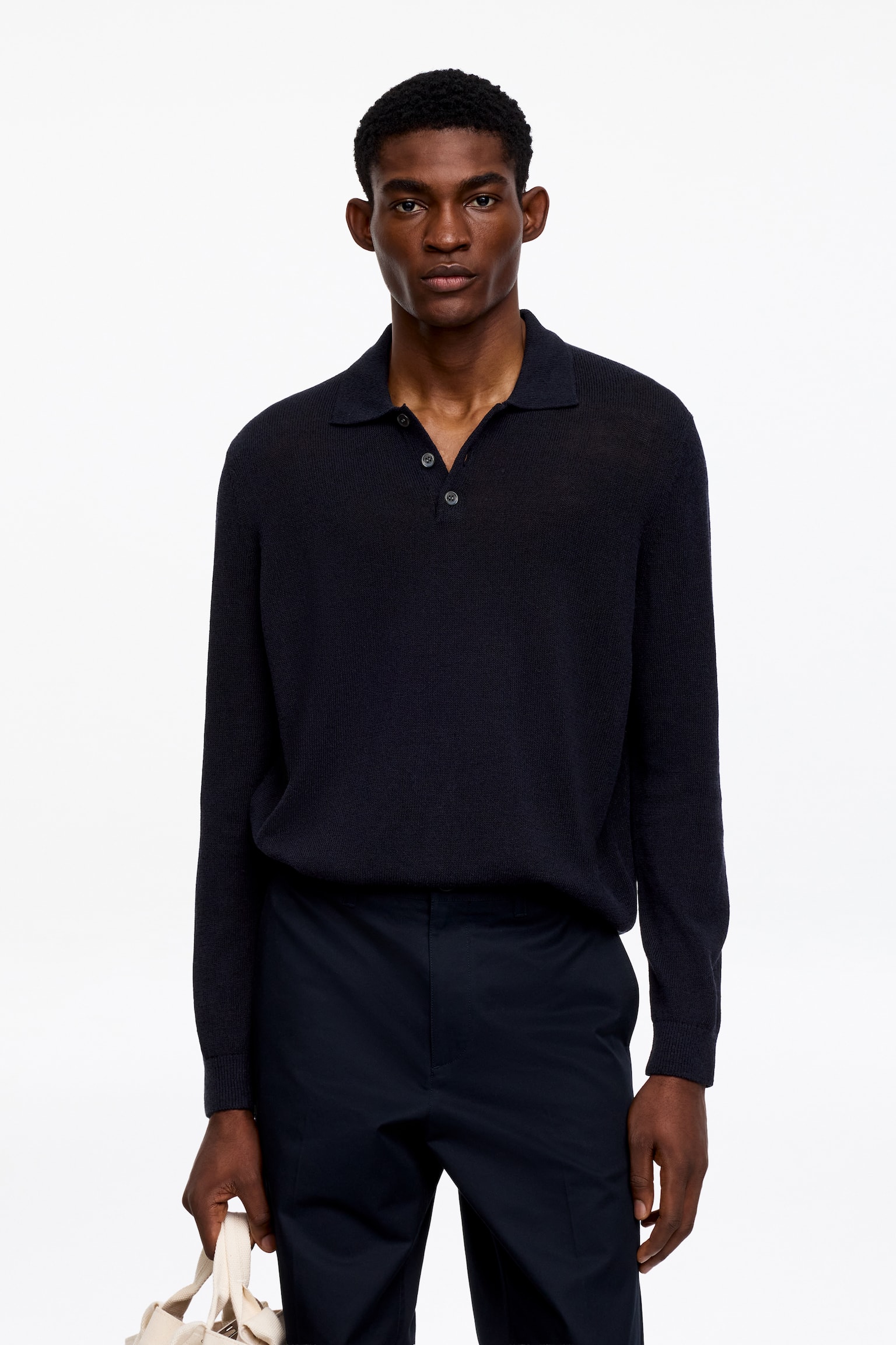 Polo shirt i linneblandning - Mörkblå/Brunmelerad - 1