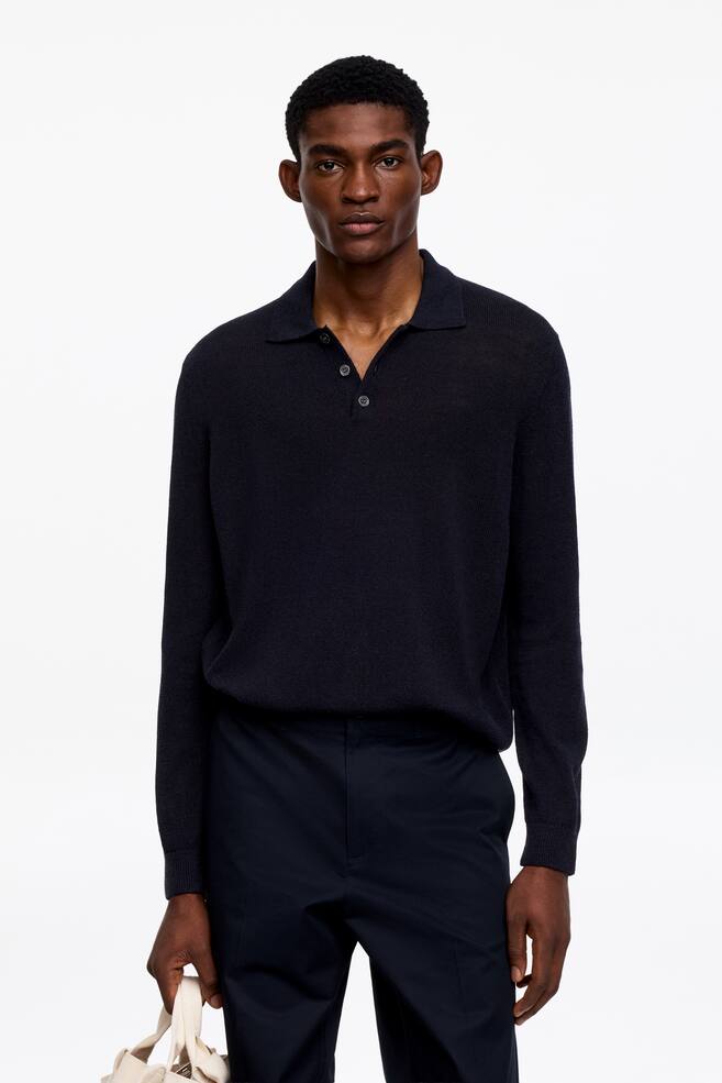 Polo in misto lino - Blu scuro/Marrone mélange - 1