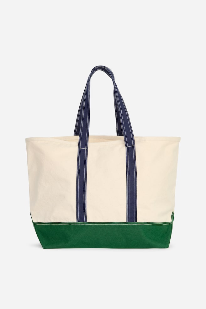 Large Canvas Tote Bag - Off-White/Green/Off-White/Navy - 1