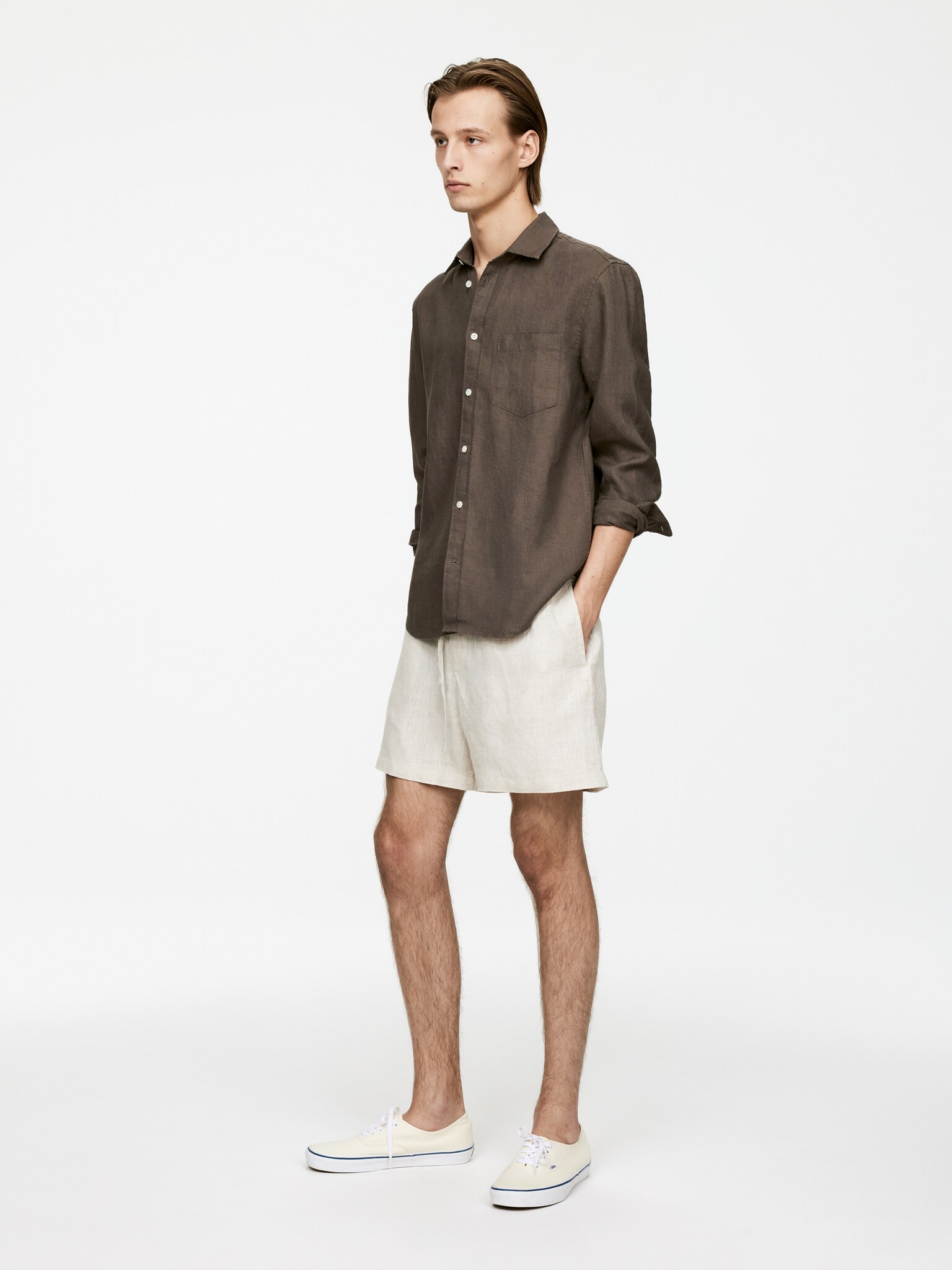 Chemise en lin de coupe classique - Marron/Beige/Bleu foncé/Bleu/Blanc/Vert foncé/Vert poudré/Blanc cassé - 5