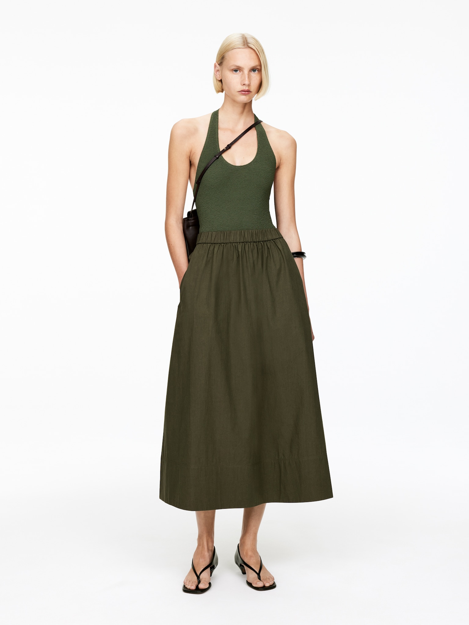 A-Line Cotton Skirt - Khaki Green/Black