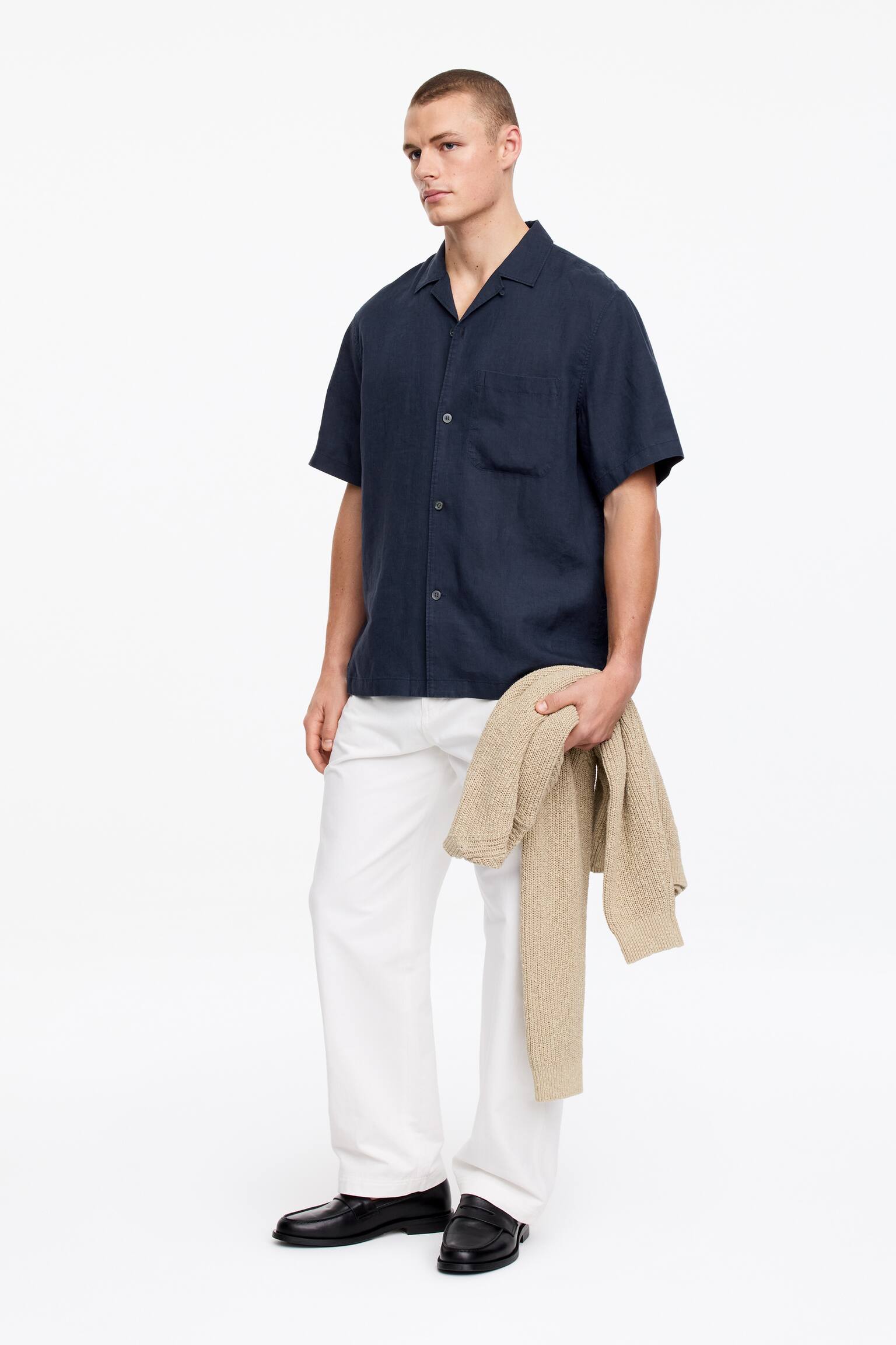 Resortskjorta i linne - Mörkblå/Vit/Brun - 4