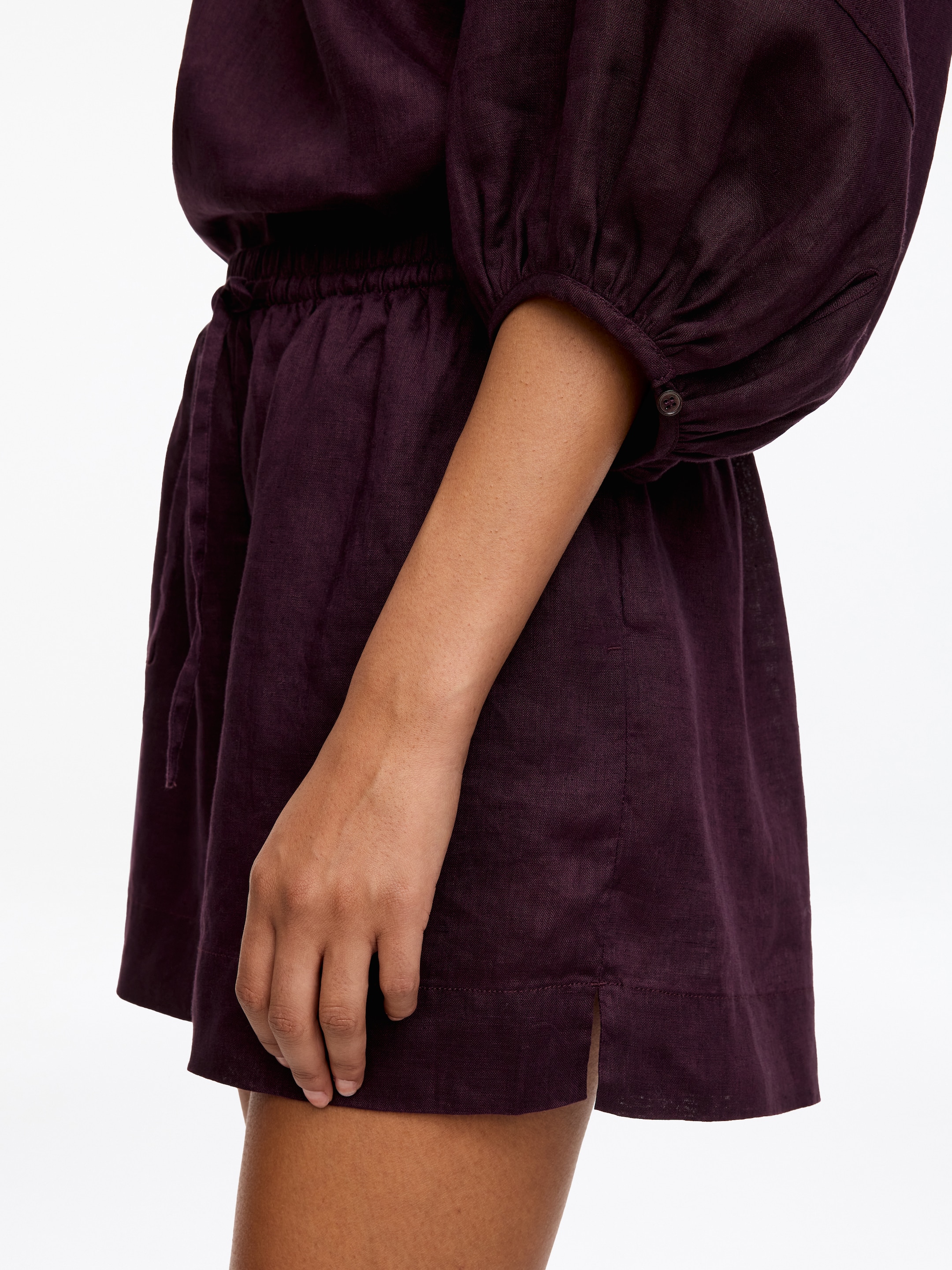Drawstring Linen Shorts - Dark Purple - Oversized - Women - StillMedia/Lookbook - 5