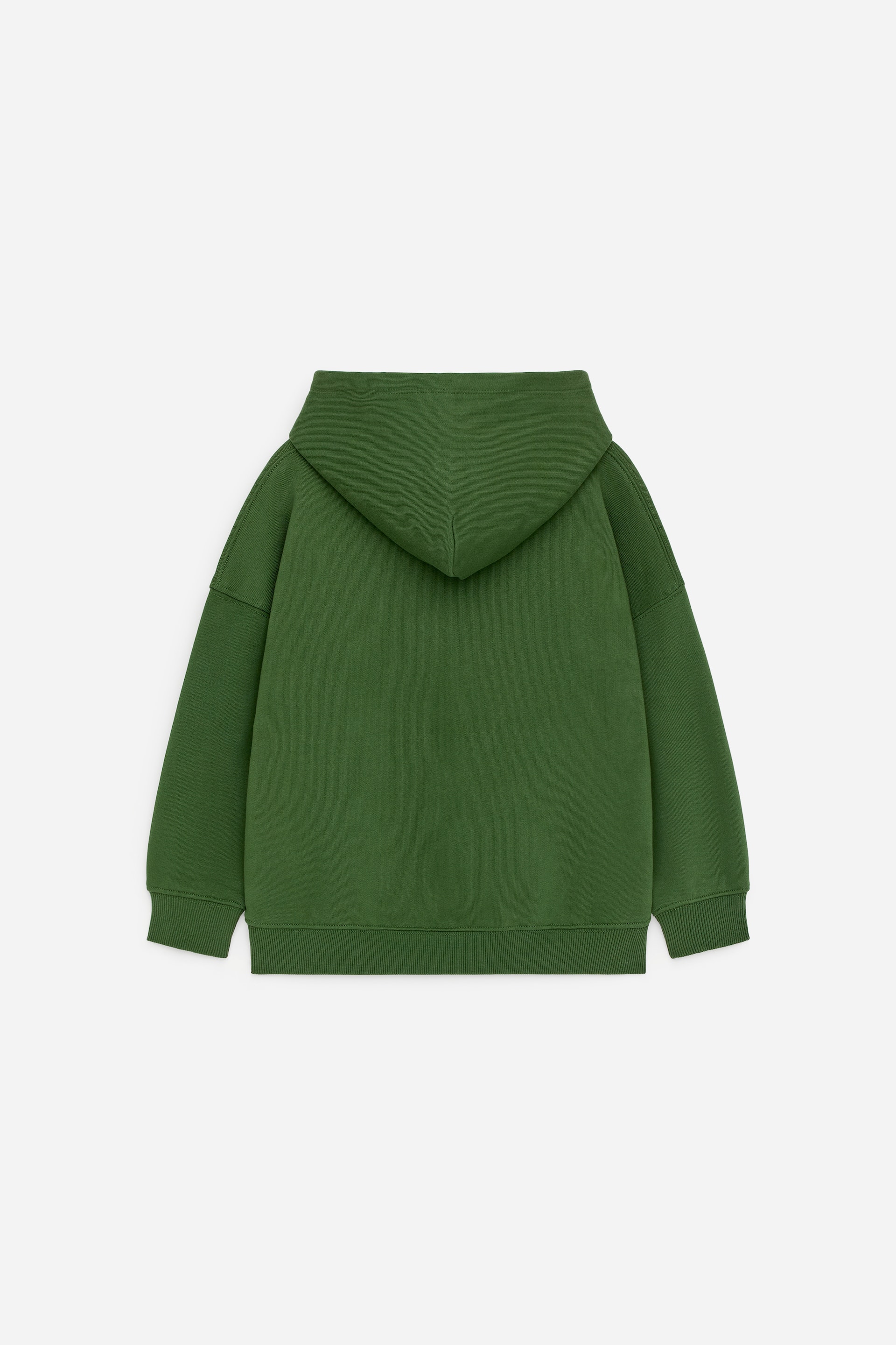 Ver imagen más grande: Se presenta una sudadera con capucha verde vista desde atrás, que cuenta con capucha, hombros caídos, puños acanalados y un dobladillo acanalado.