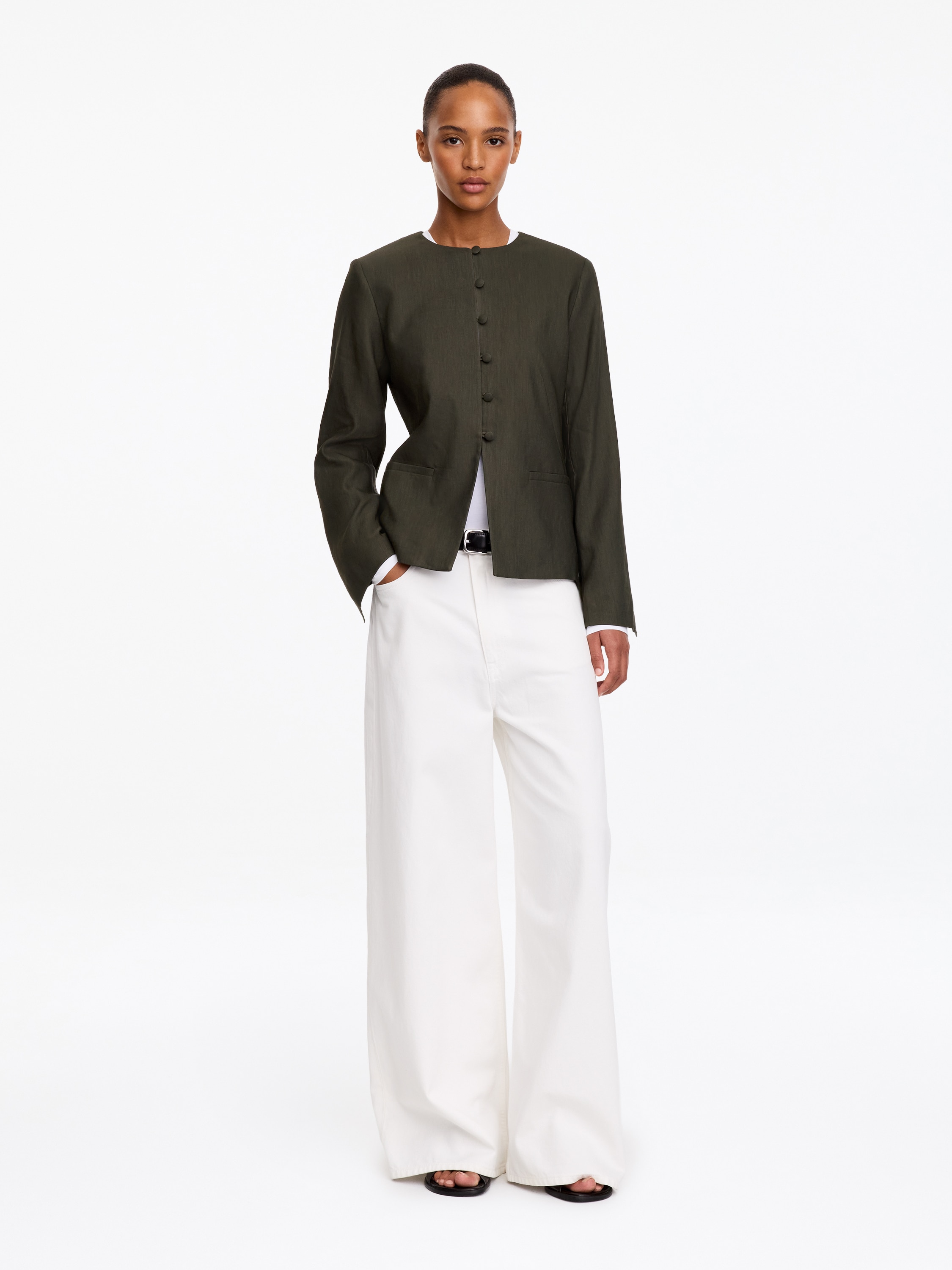 Blazer senza colletto in misto lino - Verde scuro/Nero