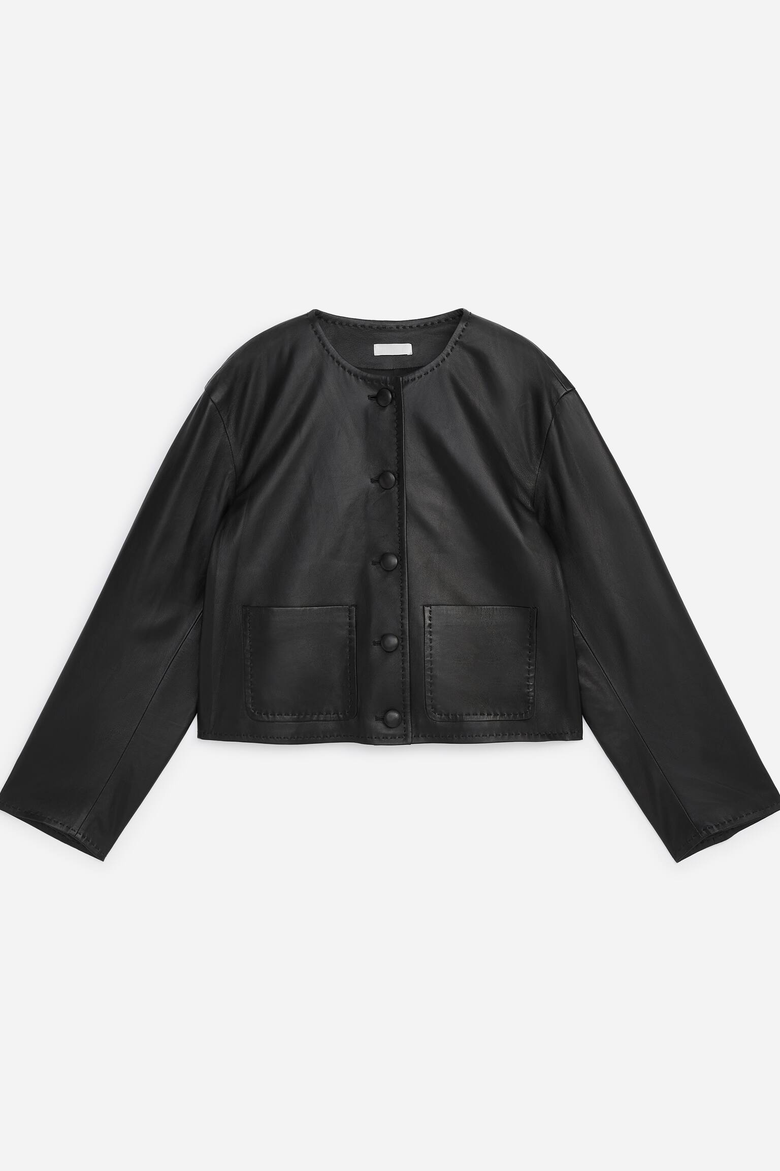 Veste en cuir sans col - Noir