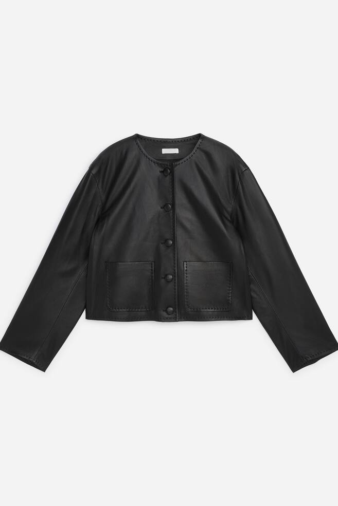 Collarless Leather Jacket - Black - 1