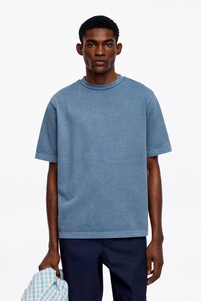 Stückgefärbtes Interlock-T-Shirt - Blau/blassgrün/Grau - 1