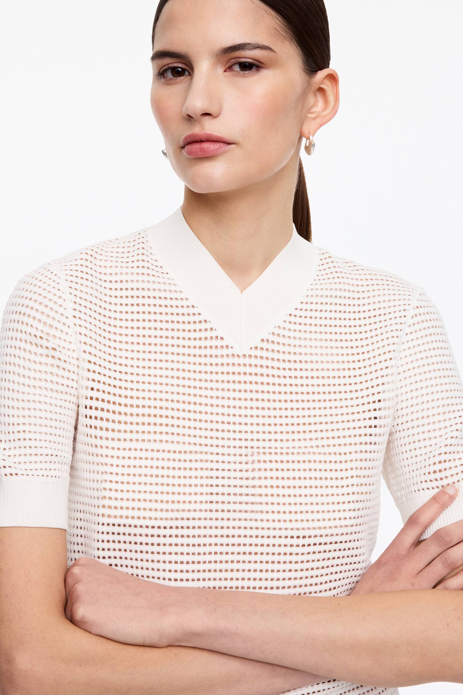 Pointelle-strikket bluse med V-hals - Hvid - 3