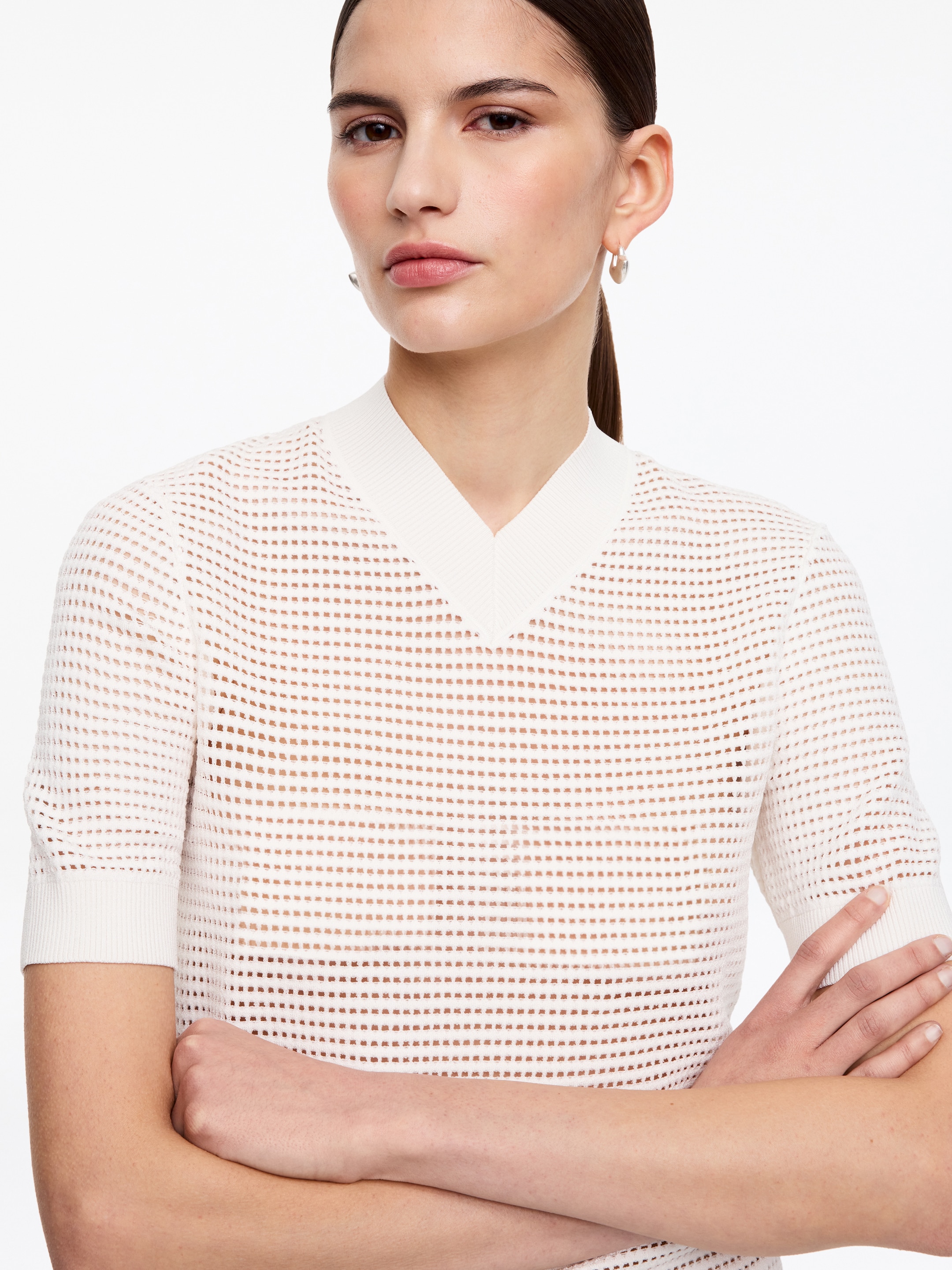 Pointelle V-Neck Top - White - Slim fit - Women - StillMedia/Lookbook - 2