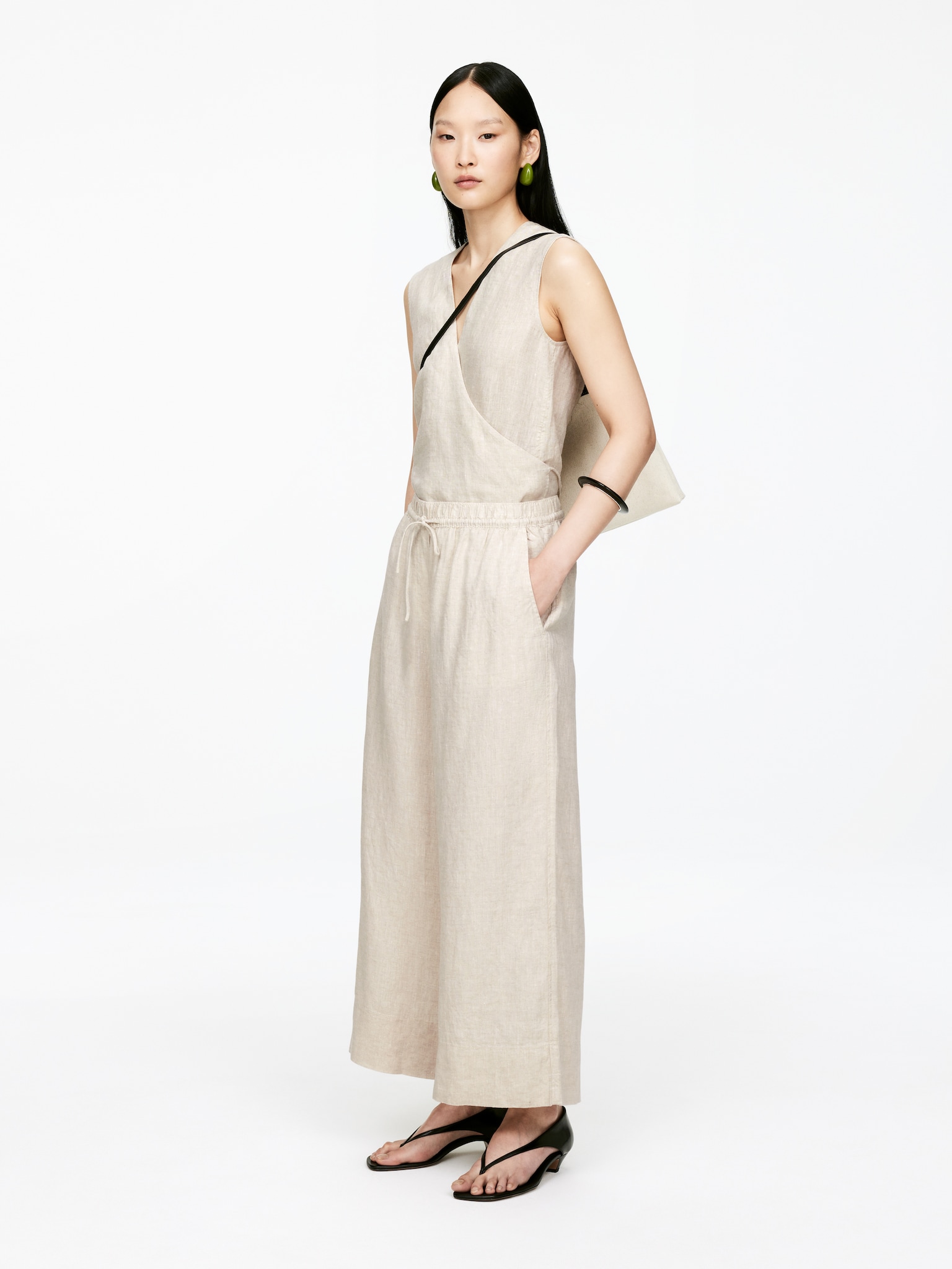 Pantalon raccourci en lin - Beige/Bleu foncé - 3