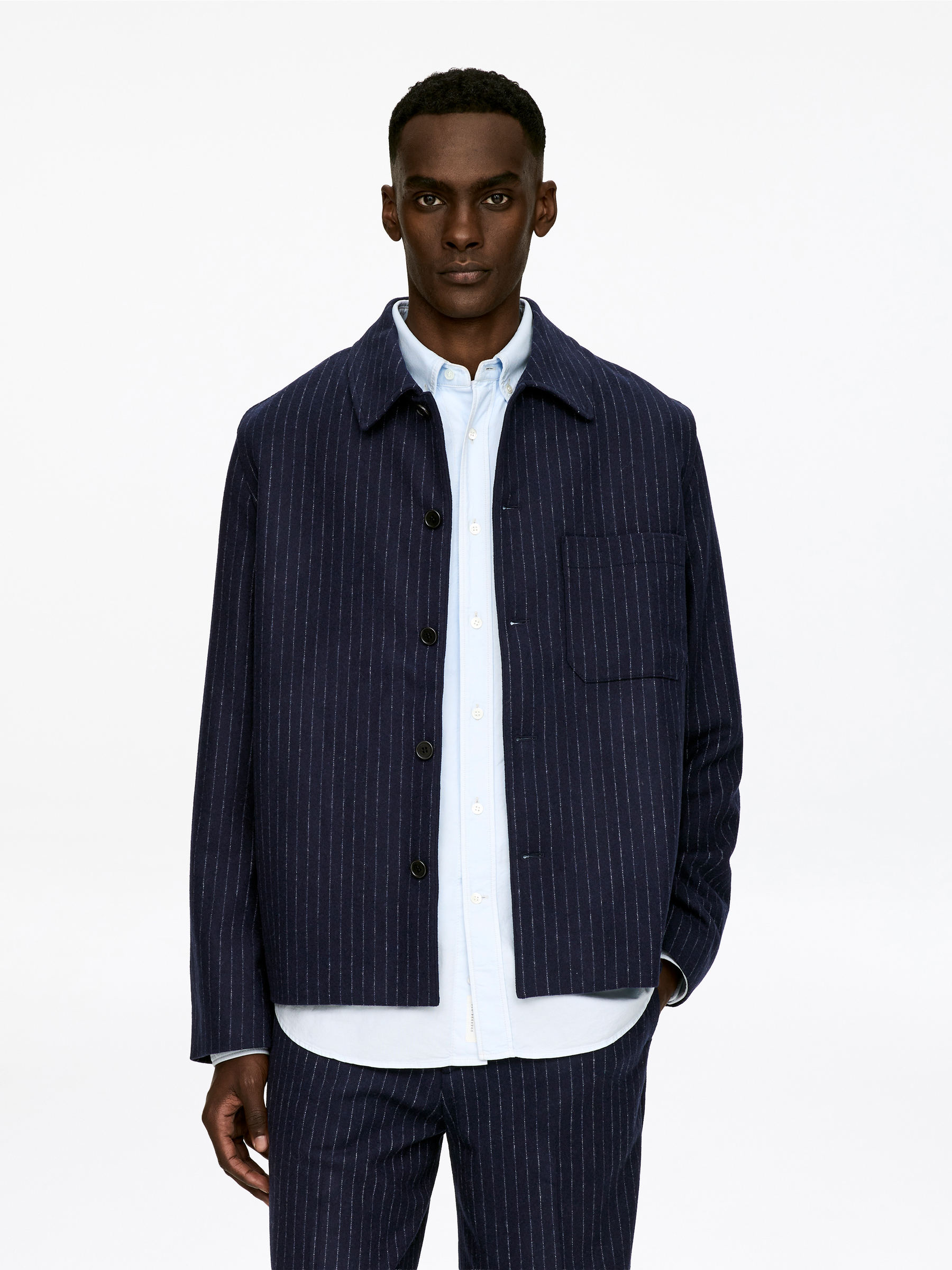 Pinstripe Wool Blend Overshirt - Dark Blue - Relaxed fit - Men - StillMedia/Lookbook - 3