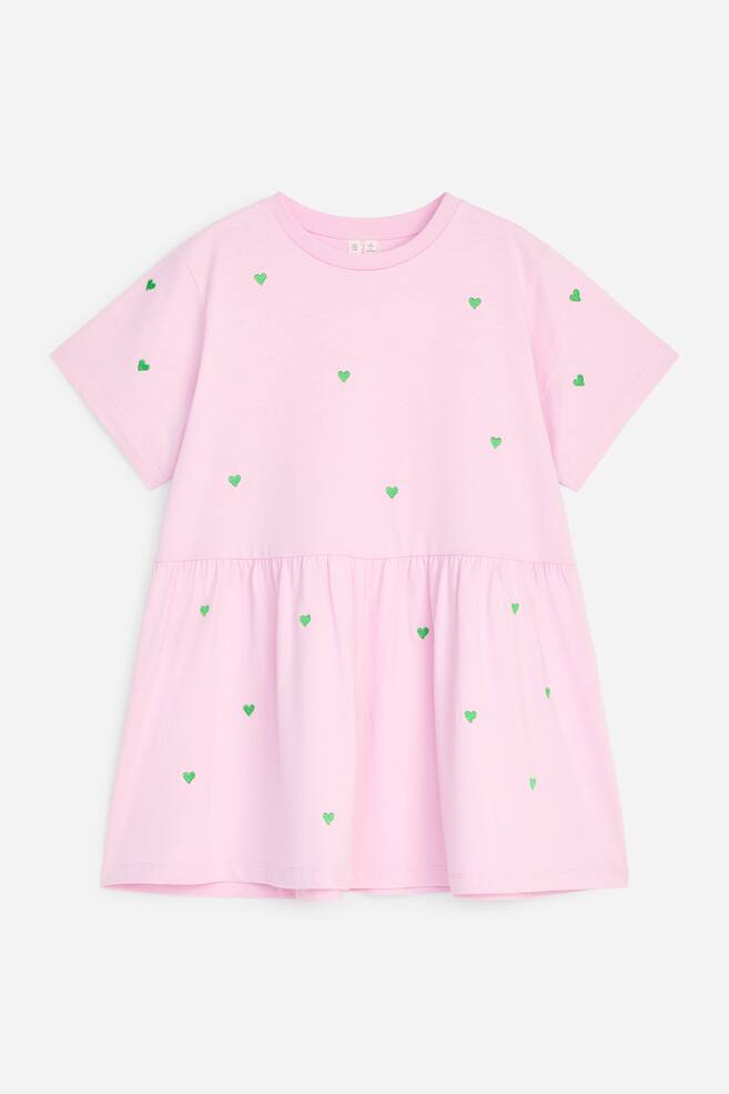 Embroidered Jersey Dress - Pink/Green Hearts - 1