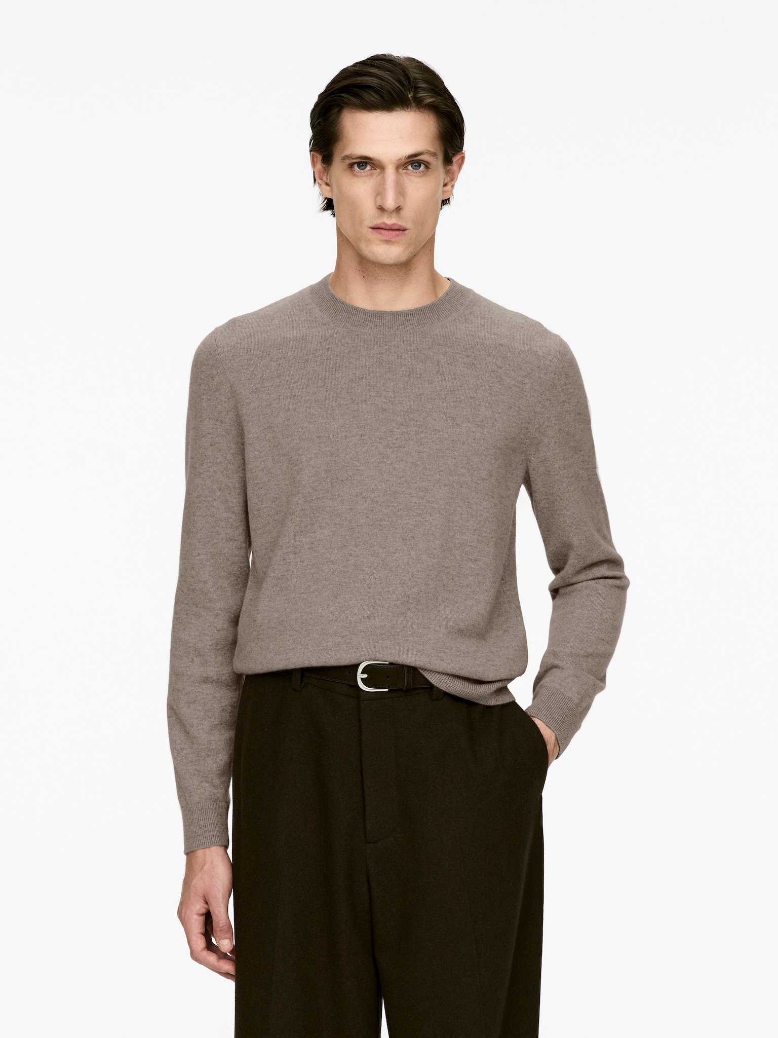 Pull à col rond en cachemire - Beige chiné/Bleu foncé/Marron