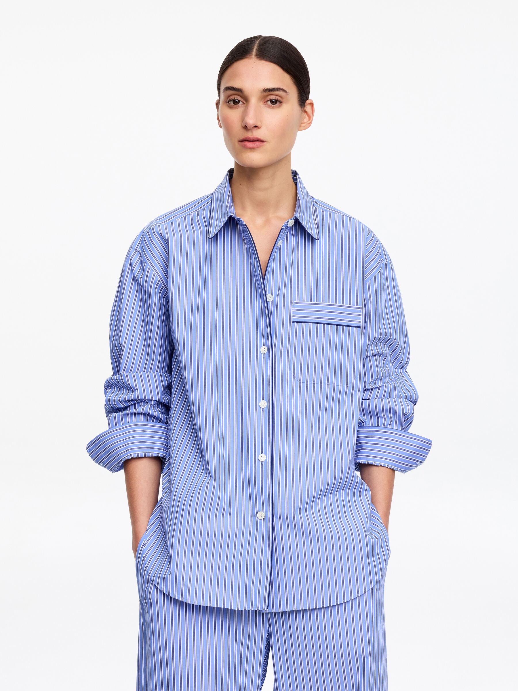 Contrast-Piping Cotton Shirt - Blue/Striped - Regular fit - Women - StillMedia/Lookbook - 2
