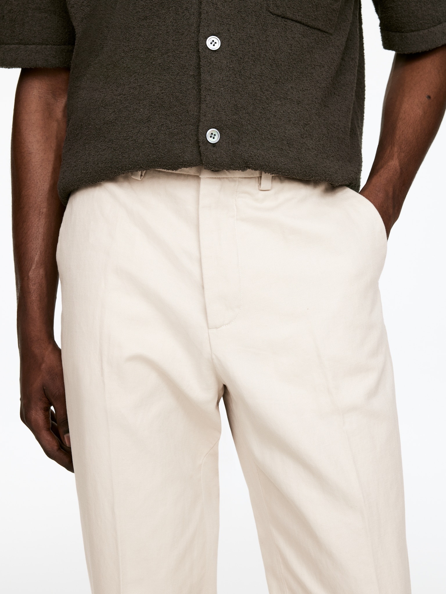 Pantalon classique 7/8 en coton et lin - Blanc cassé/Noir/Bleu foncé/Vert kaki - 6