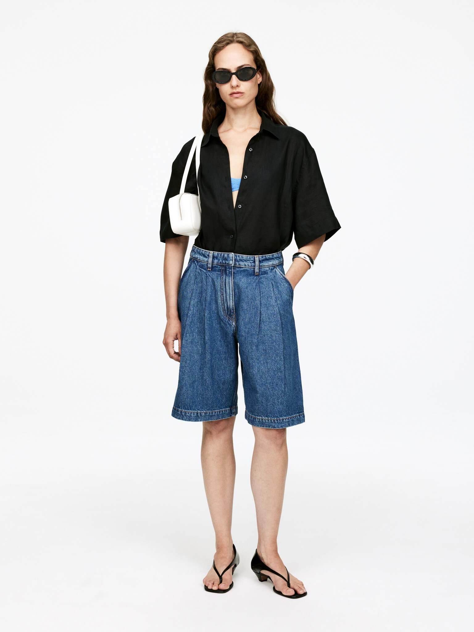 Pleated Denim Shorts - Mid Blue