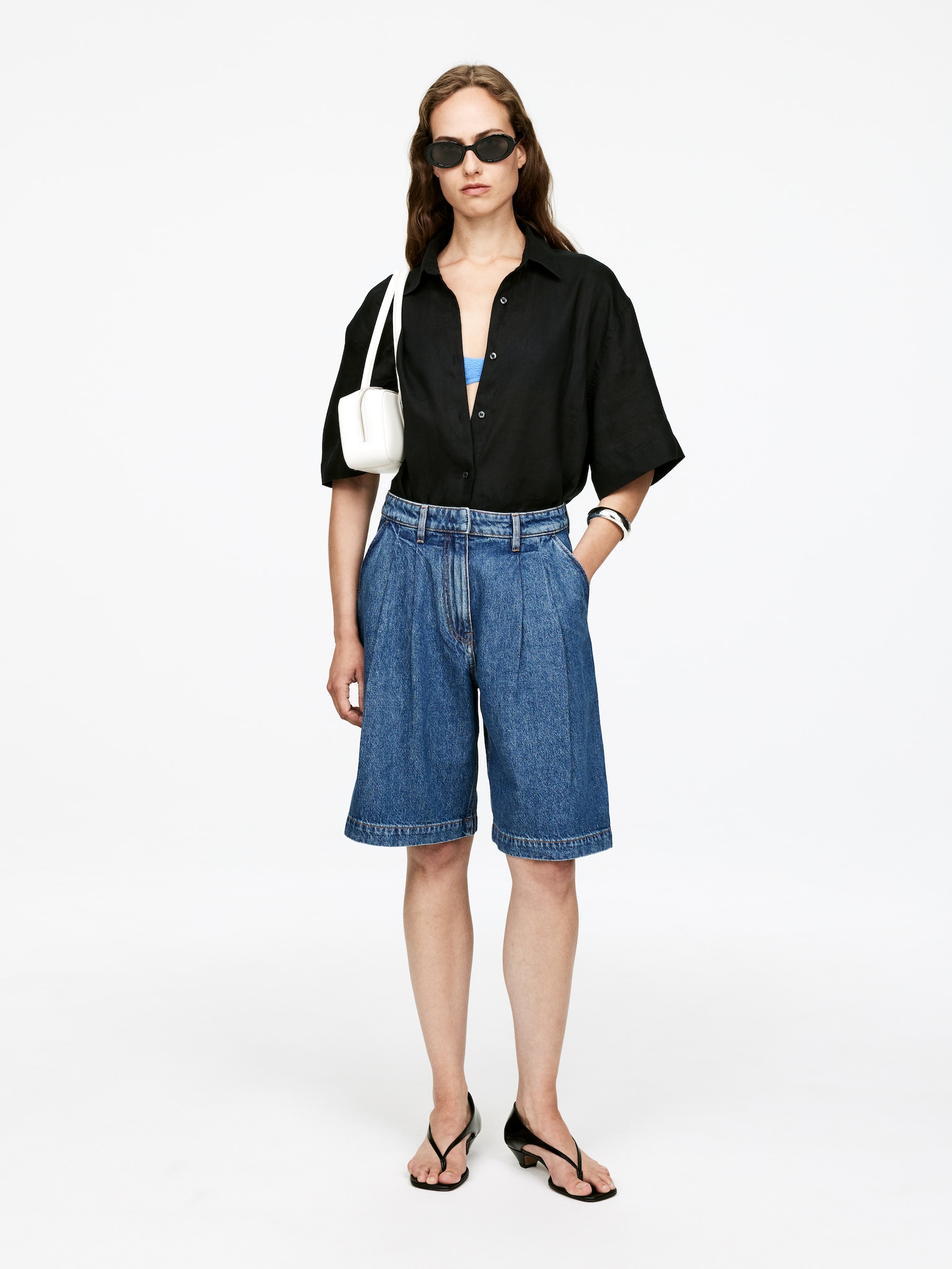 Pleated Denim Shorts - Mid Blue