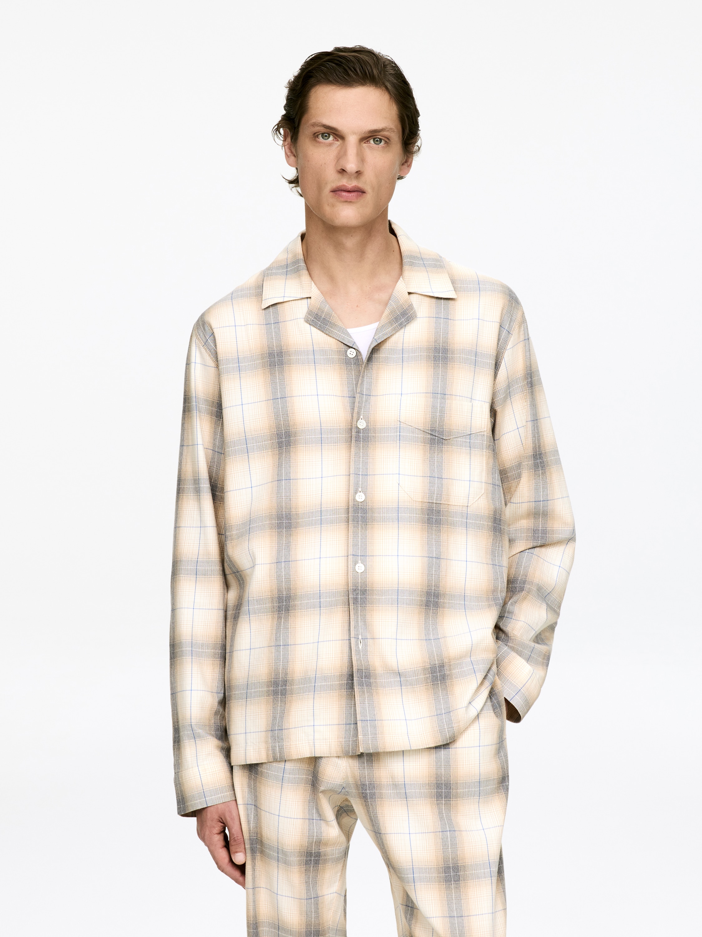 Pyjamahemd aus Flanell - Beige/Karos