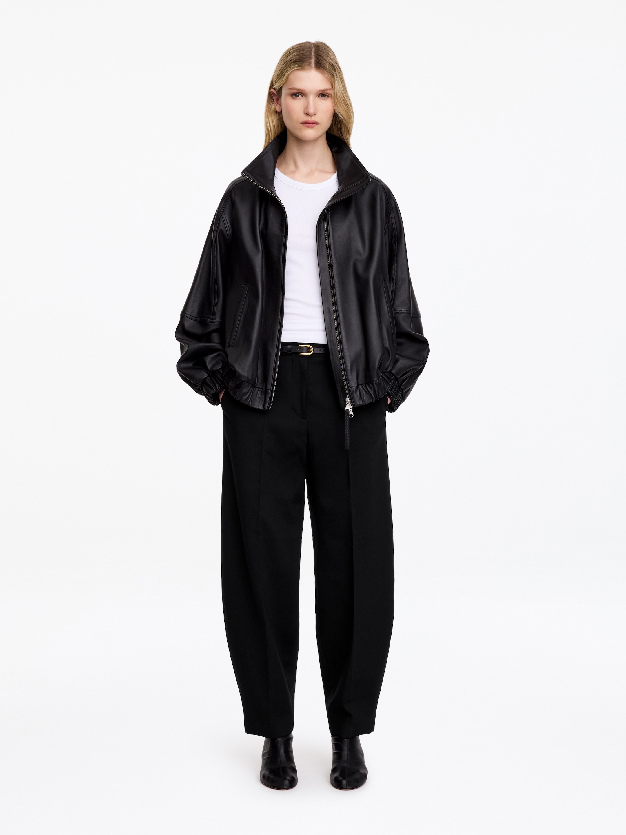 Zip-Detail Barrel-Leg Trousers-Black-19067