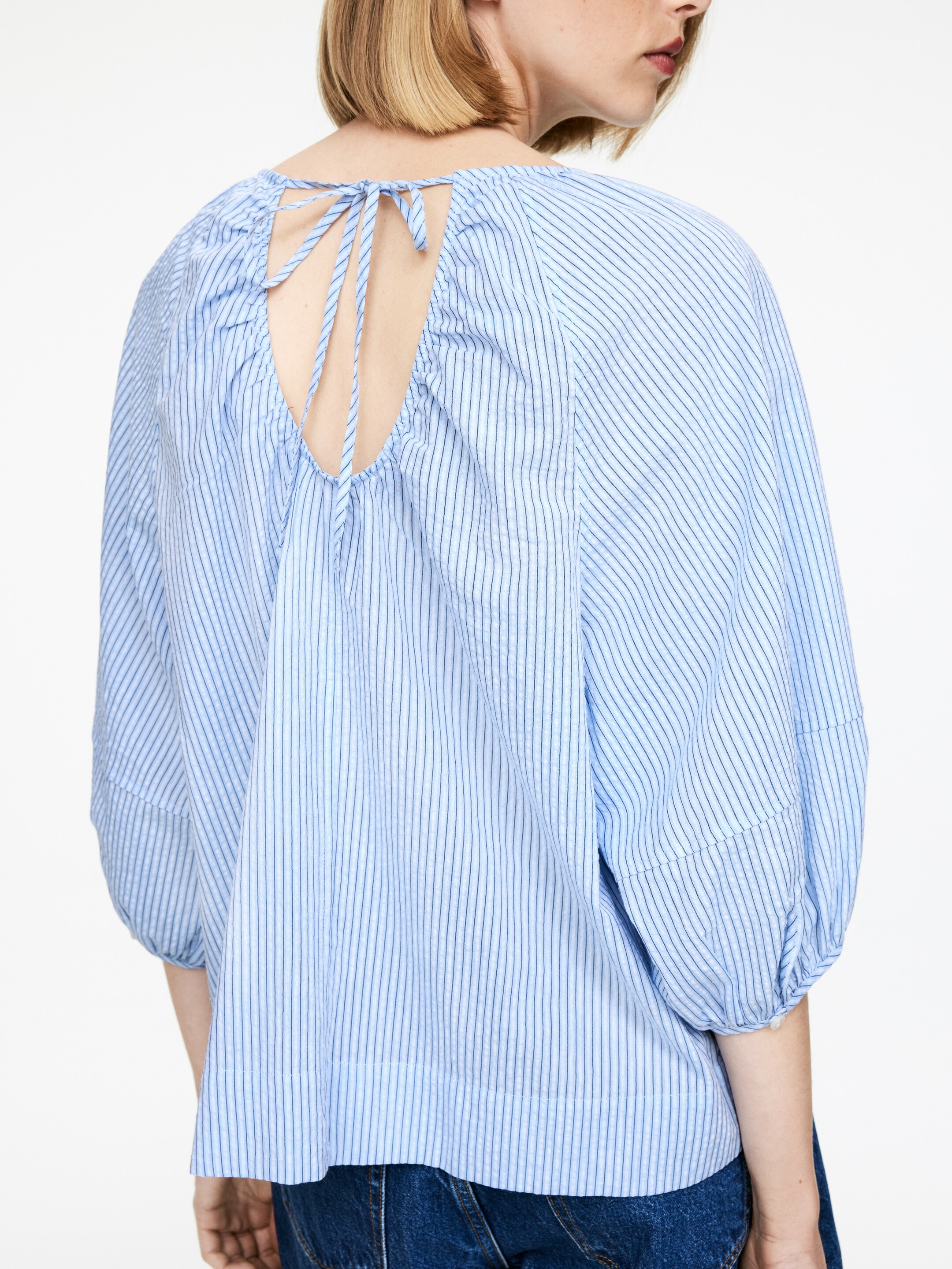 Agrandir l'image: Chemisier décontracté en coton et lin - Bleu clair/Rayures - FEMME | H&M FR 4