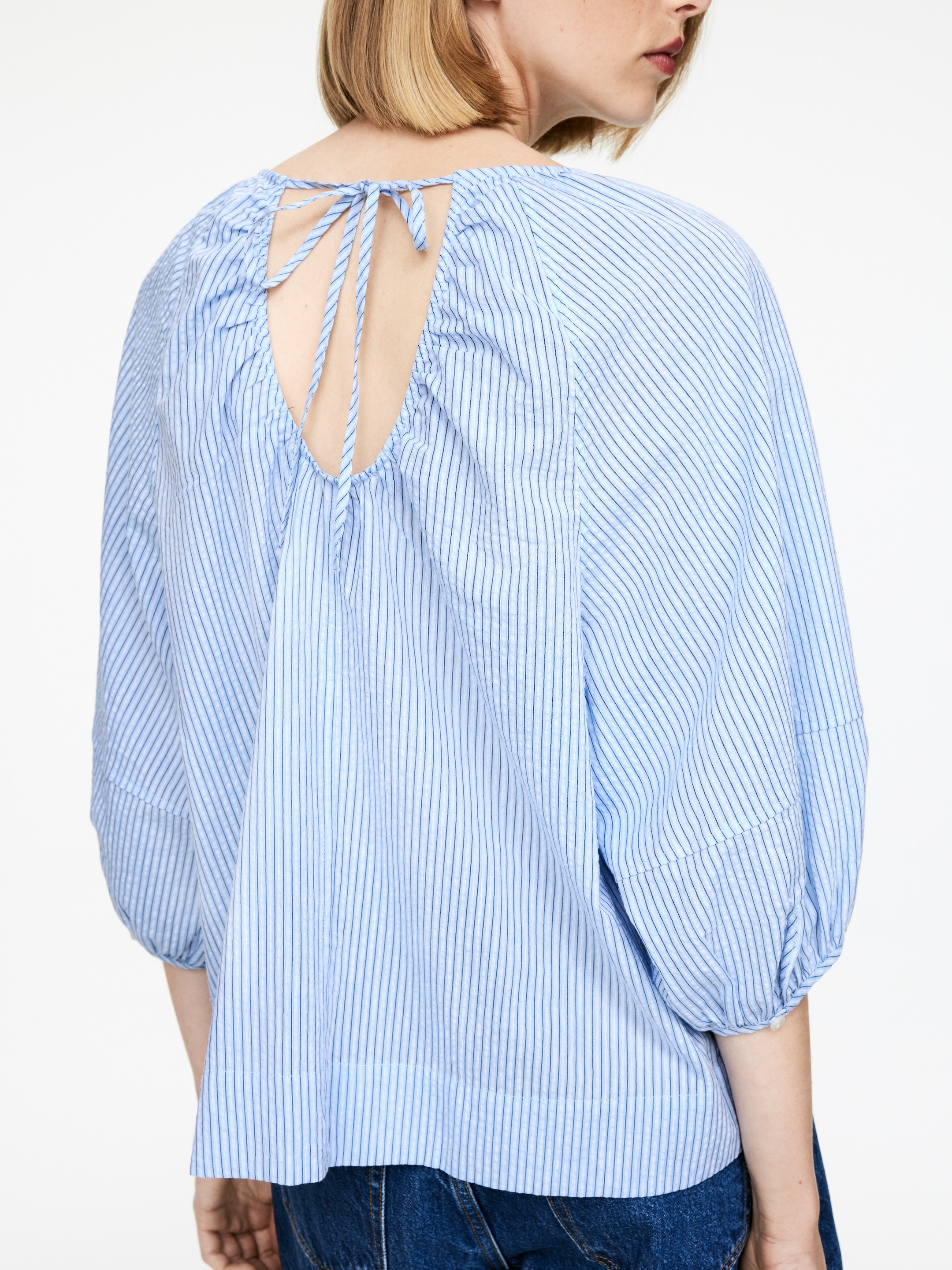 Visualizza immagine più grande: Blusa con vestibilità rilassata in cotone e lino - Azzurro/Righe - DONNA | H&M IT 4