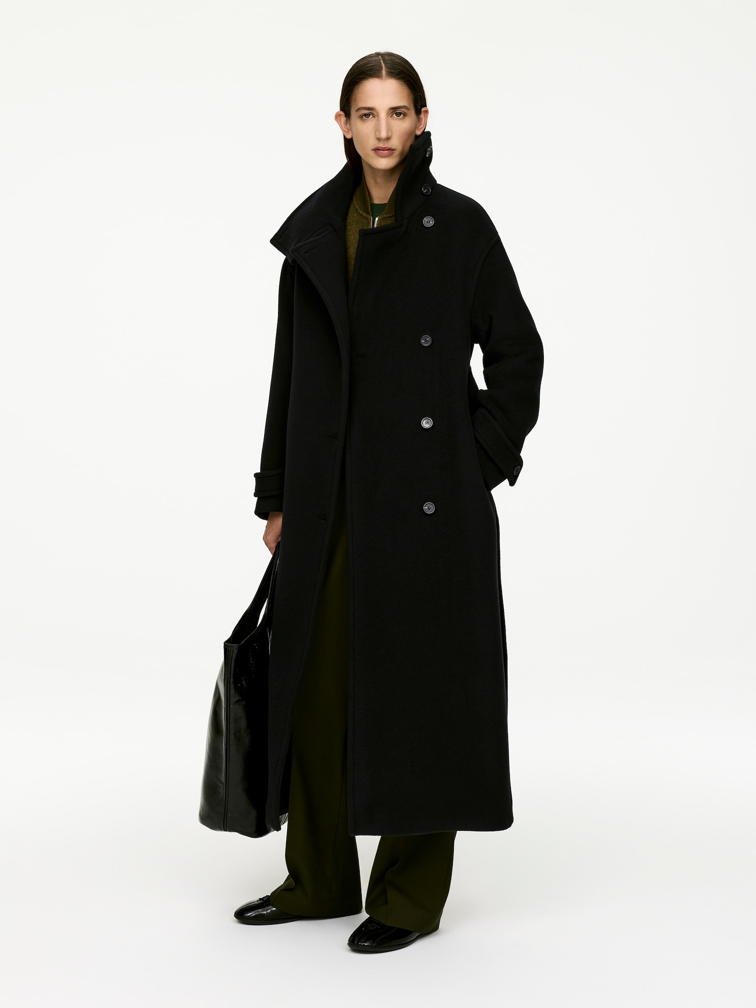 Manteau surdimensionné en laine mélangée - Noir/Marron foncé - 4