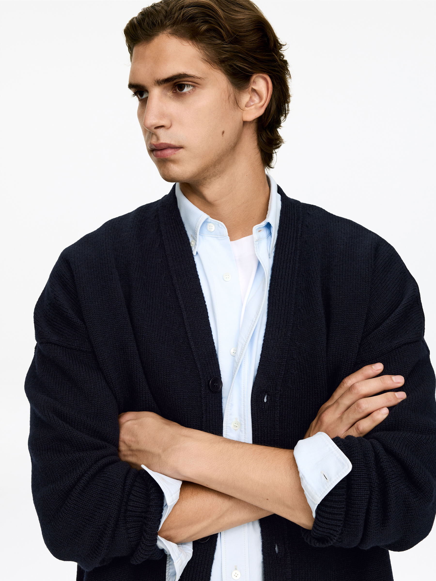 V-Neck Wool Cardigan - Dark Blue - Loose fit - Men - StillMedia/Lookbook - 4