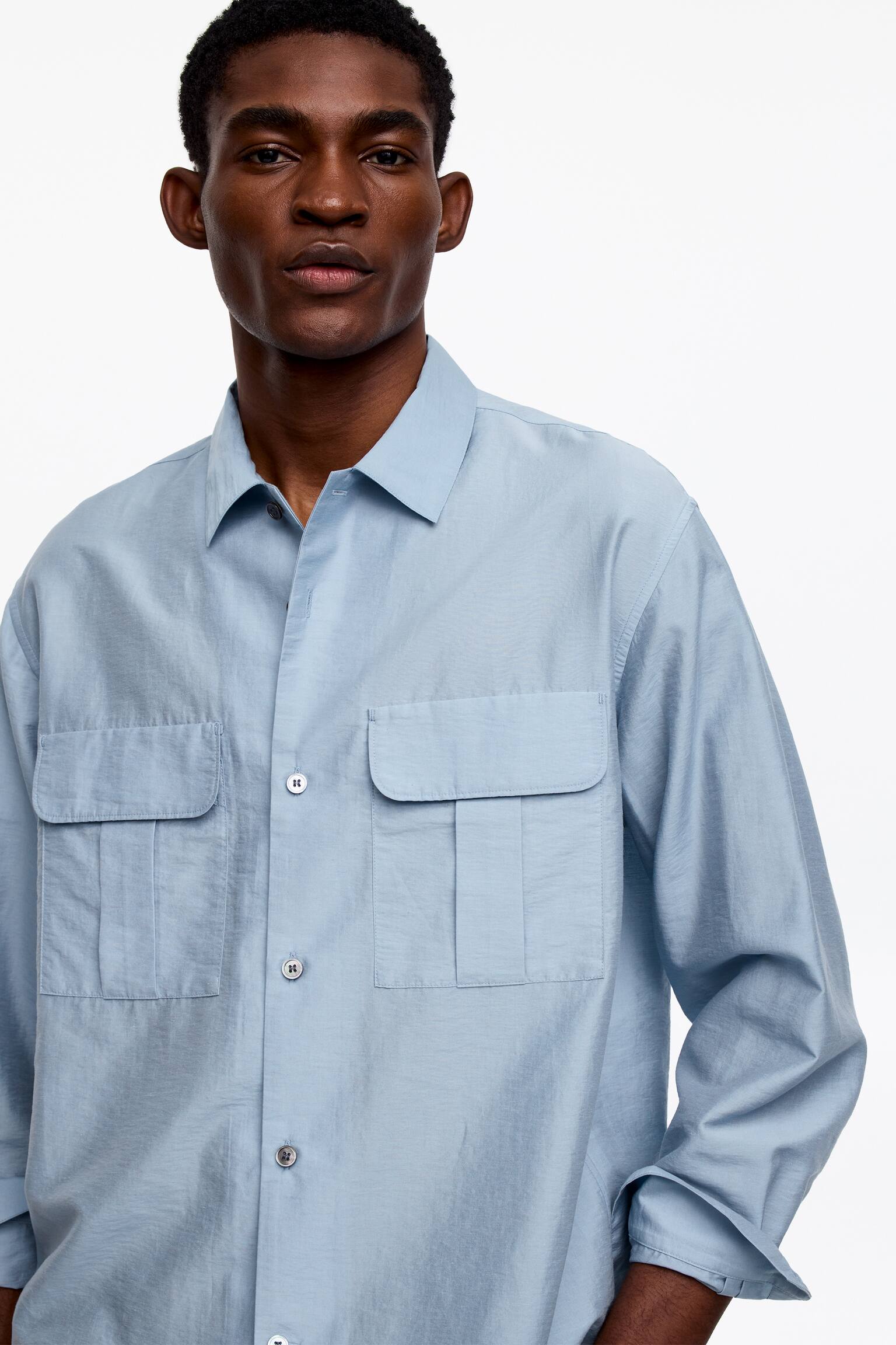 Nadměrná košile ze směsi lyocellu - Prašná modrá/Hnědá - 10