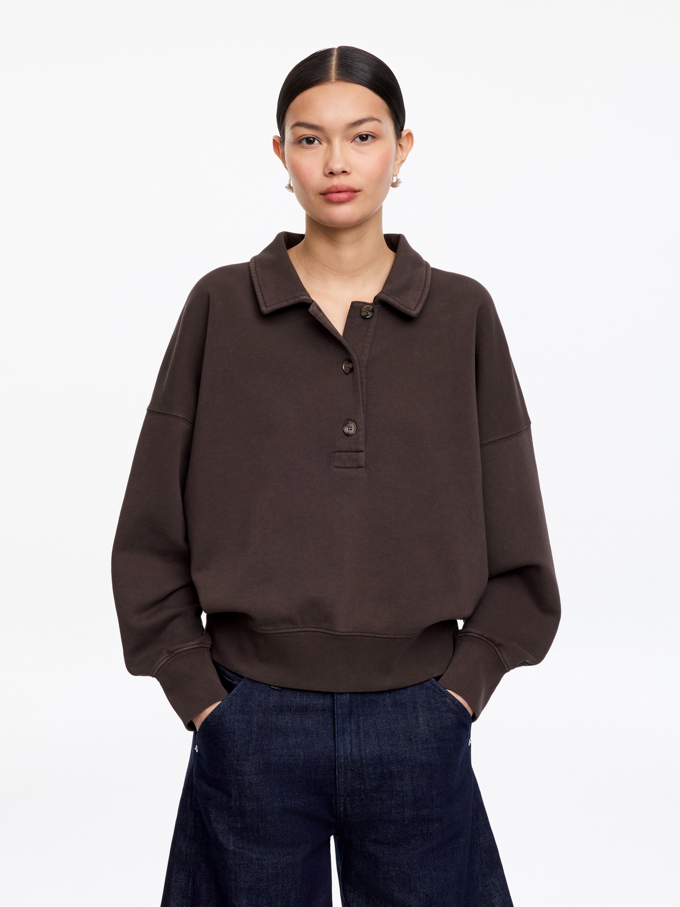 Sweatshirt van terry met polokraag - Donkerbruin/Lichtblauw/Gebroken wit