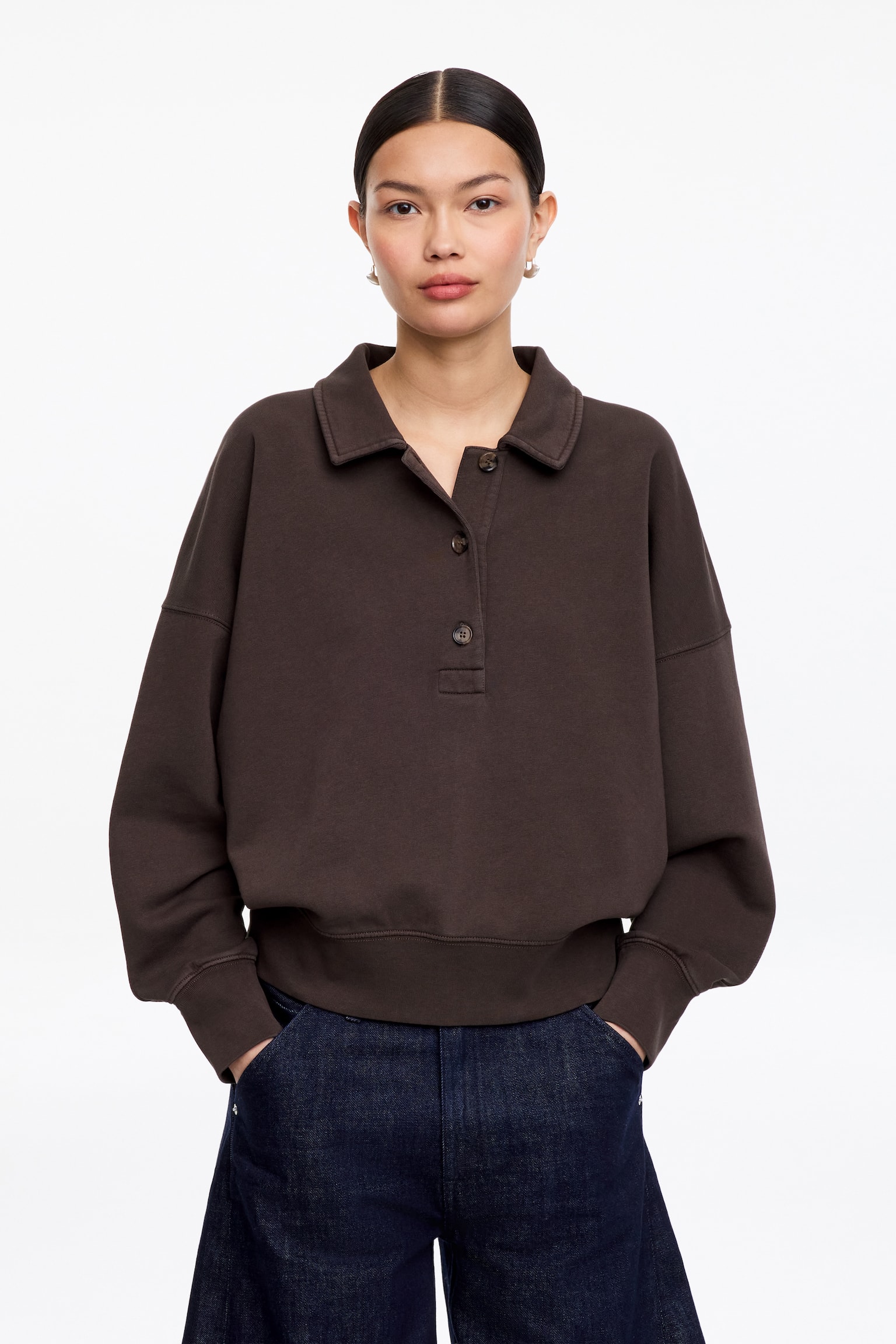 Sweat polo en tissu éponge - Marron foncé/Blanc cassé/Bleu ciel - 1